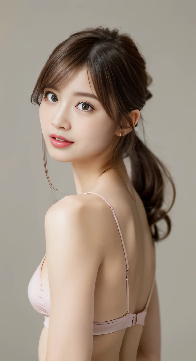 ((highest quality, 8K, masterpiece :1.3)), (realistic, Photoreal:1.4), sharp focus:1.2,
Bright colors, professional level, shallow depth of field,
20-year-old, (Half Japanese and half German woman), 1 person, A beautiful face with intelligence,
Supple body :1.3, model body shape:1.5, 頭w:1.4, perfect style:1.4,
narrow shoulders, beautiful clavicle, long and thin legs, The beauty of slim abs :1.2, thin waist :1.2,
super detailed skin, Fair skin, Shiny skin,
super detailed face, slim facial contour, beautiful small face, Beautiful lined nose,
super detailed eyes, long slit eyes, brown eyes, double eyelid, beautiful thin eyebrows, fine long eyelashes,
super detailed lips, plump lips, glossy pink lips, flushed cheeks, beautiful teeth,
Beautiful actress's ennui makeup, pink lipstick, silver necklace, earrings,
light brown hair, delicate soft hair,
(hair up, ponytail :1.2), layer cut, (dull bangs:1.2),
(Dress up with trendy fashion:1.2),
gentle smile, open mouth half way, Enchanted expression, stare at the camera,
(Full body image from the waist), dynamic lighting,
((She is completely naked and wearing a see-through micro bikini with a wide open chest.:1.2)),
(perfect breast shape, B cup:1.2), A small pink areola,
She has a cute plump butt, My thighs are dazzling,
View from directly behind, pay attention to the crack of the butt,