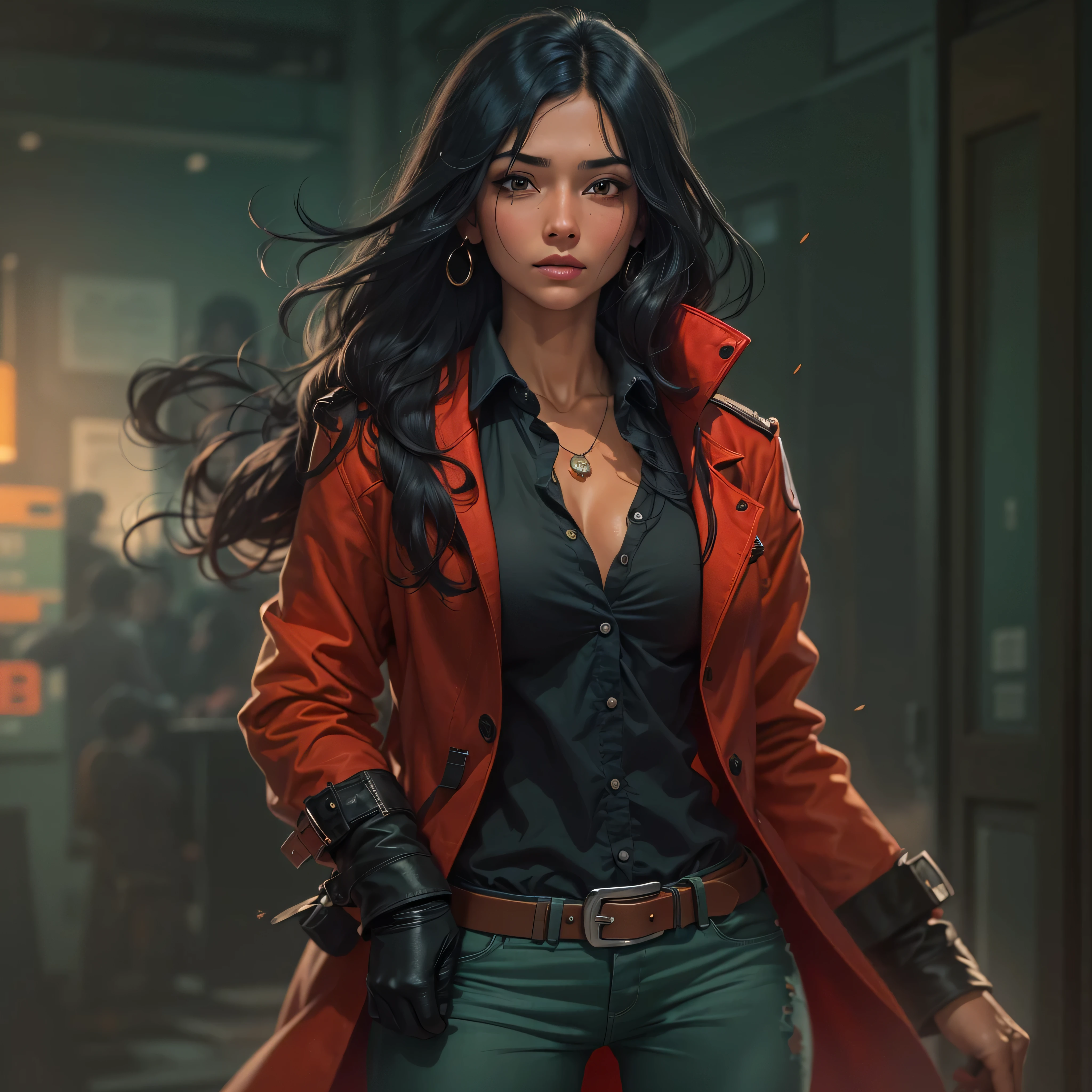 female detective, half indian half black, jeans, black shirt, red jacket, flowing black hair