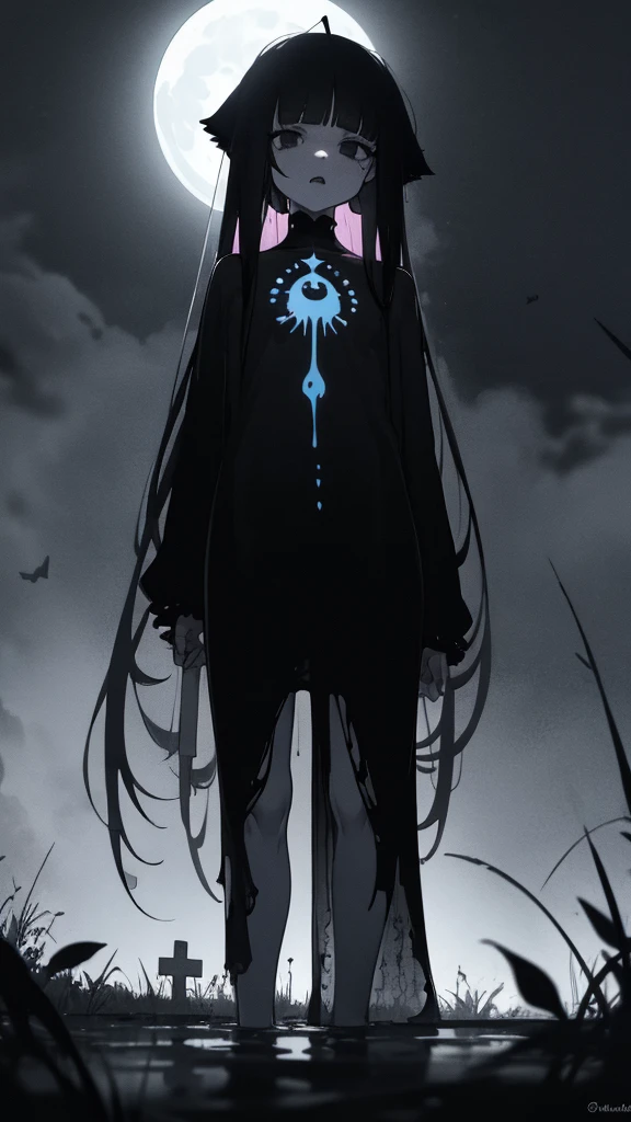 6 year old girl,1girl,,blunt bangs,very long black hair,black eyes,pale skin,centipede,,hair over both eyes,,,,,,from below,,,see-through one-piece dress,ghost girl,muddy,,moon reflected on the water,tousled hair,,,,,,cemetery,,blue light,backlight,,contemptuous look,sadistism,,upper body shot,,skull,butterfly,,,