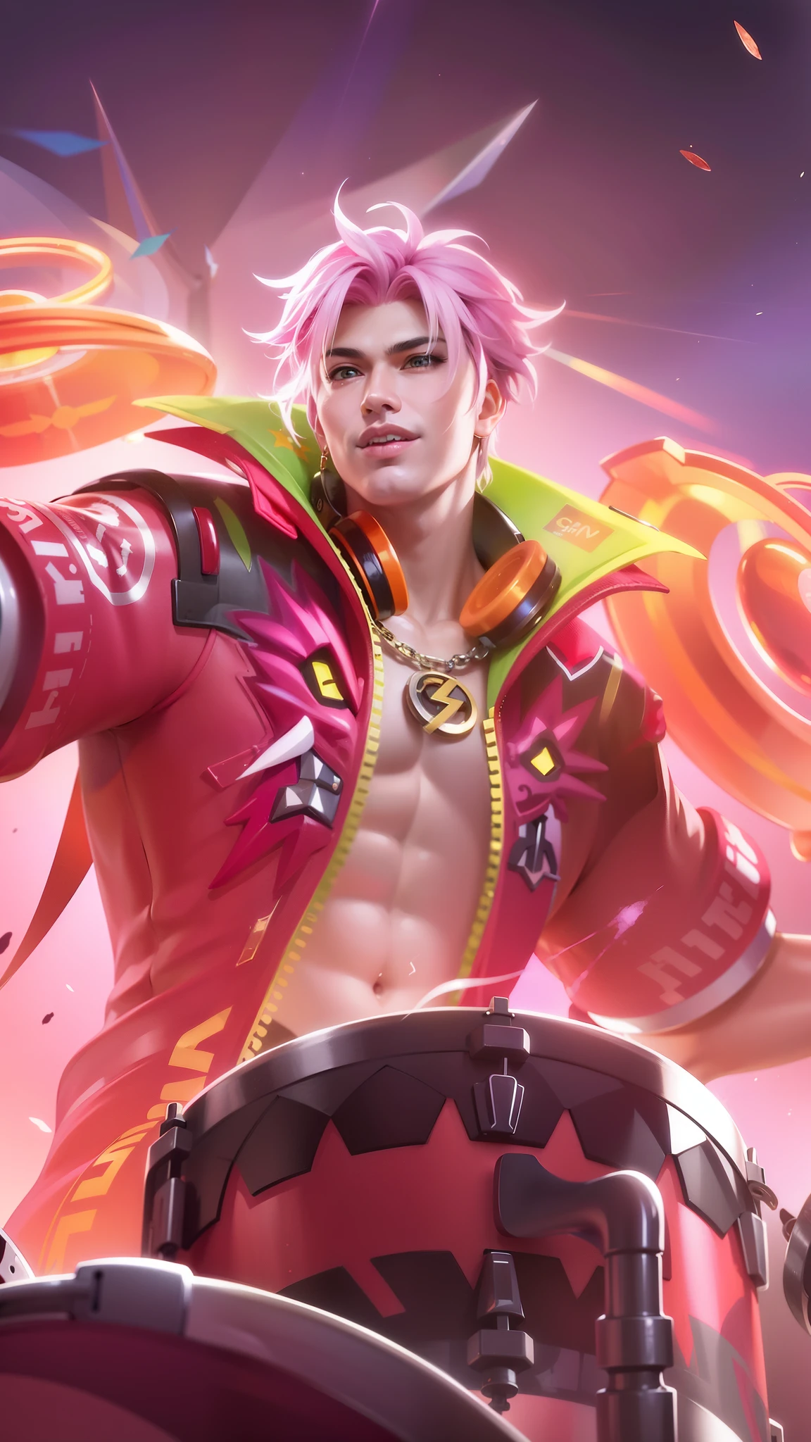 Best quality, masterpiece, detailed skin texture, detailed clothes texture, detailed face, super detail, 8k, intricate detail, masculine man, a man with a pink jacket and a drum in his hand, mobile legends, extremely detailed artgerm, sakimichan frank franzzeta, ig model | artgerm, inspired by fredrinn, fredrinn from mobile legends, rossdraws cartoon vibrant, pink hair, headphone