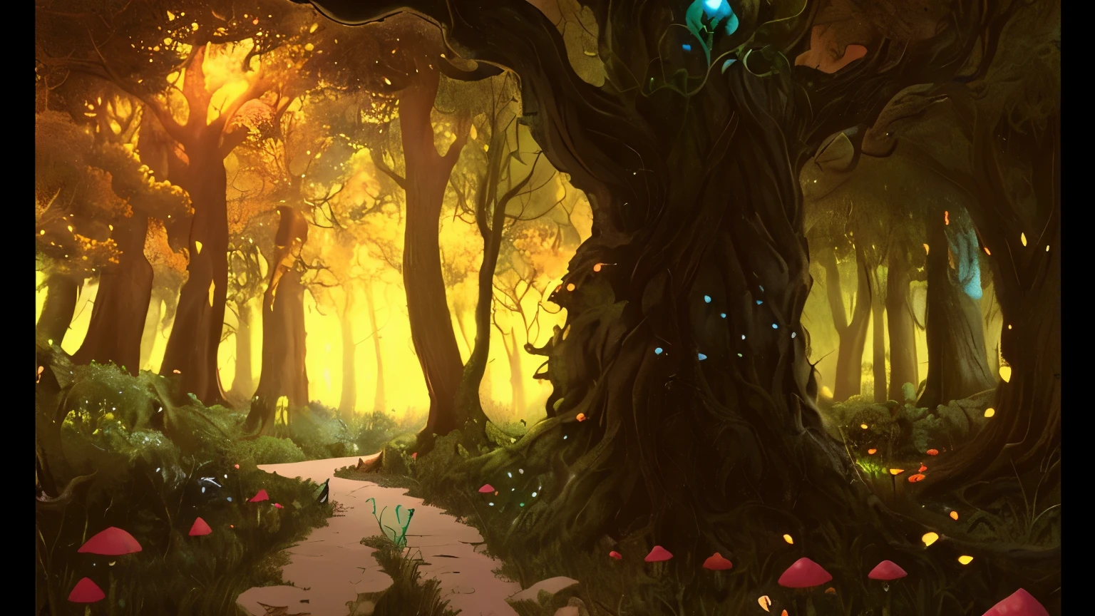 bright, (((cartoon style))), a beautiful fairytale forest, forest paths, green trees, green vegetation, mushrooms, stones, grass, fantastic (background), fantasy art, forest, blue sky, magical landscape, fantasy, no human, illustration for children, fantasy art, masterpiece, detailed, intricate, 4k, art