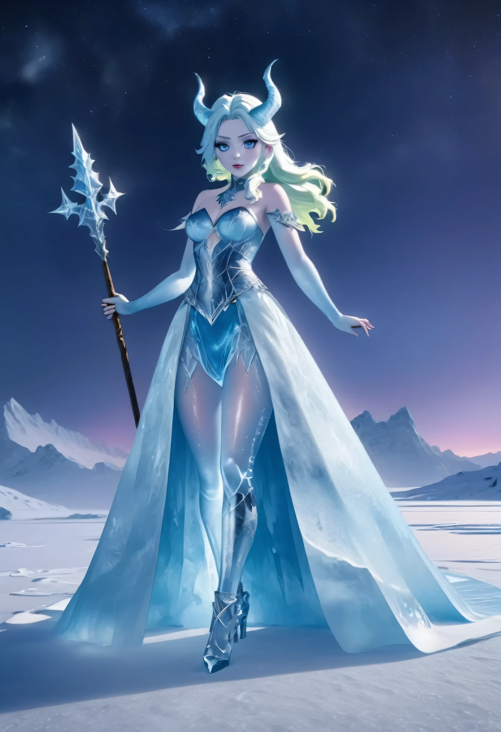 (8k, highest quality, masterpiece: 1.2), (realistic, realistic: 1.37), Super detailed, ((an ice female sexy demon:1))、Standing in the frozen snow field、Witch wearing pale armor, ((sexy costume:1)), SEXY female devil, ((aurora in the night sky)), ((pale blue skin:1))