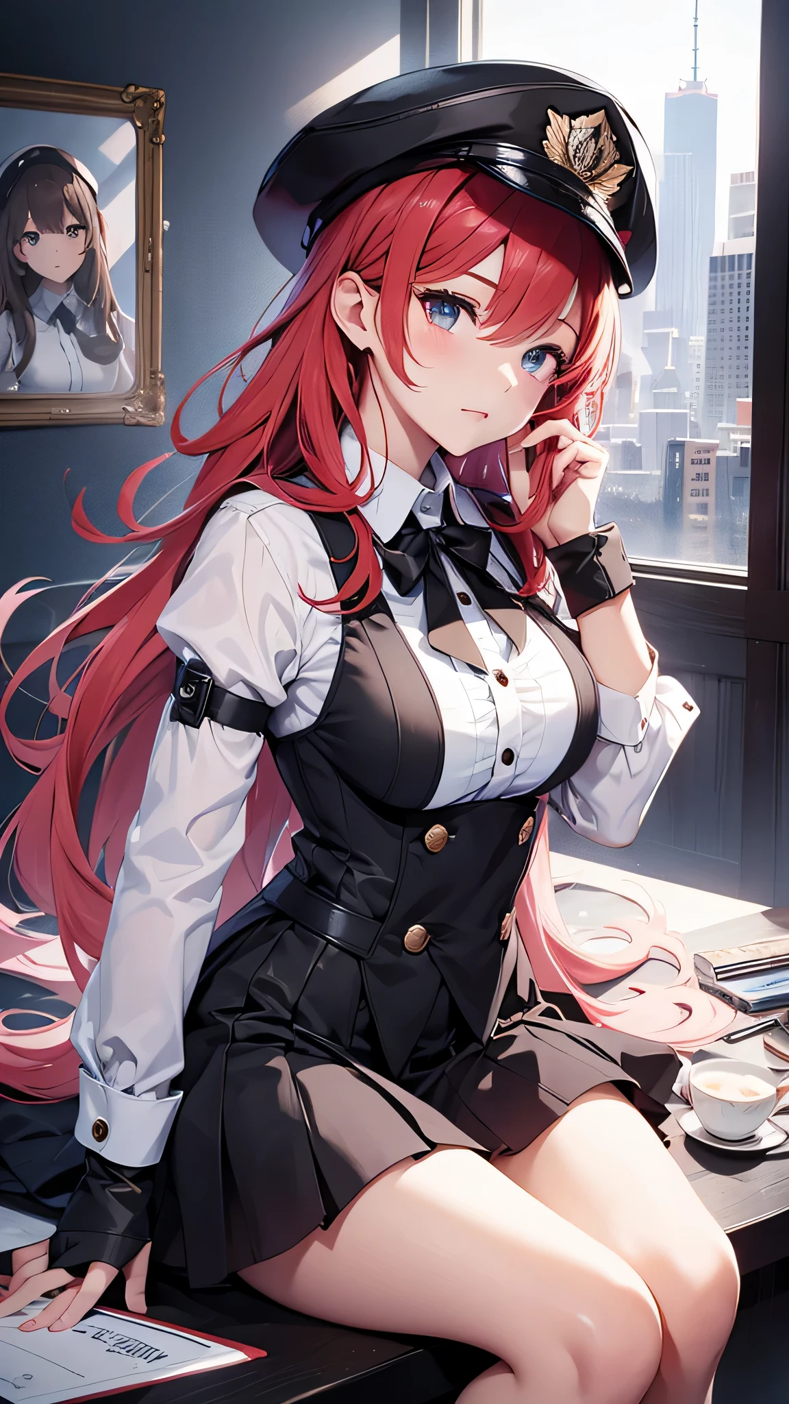 最high quality、best image quality、masterpiece、girl((18-year-old、 By becoming、vest bust、medium bust,wide open breast tea、shining eyes, glowing red hair、long hair、thin,highest valley、、black sailor suit、short skirt、Wristband、black gloves、hat、Tsundere、point to the viewer)),high quality、beautiful art、background((luxurious school))、Flight、debris flies、Depth of written boundary、movie、visual art、perfect art、8K,genuine、