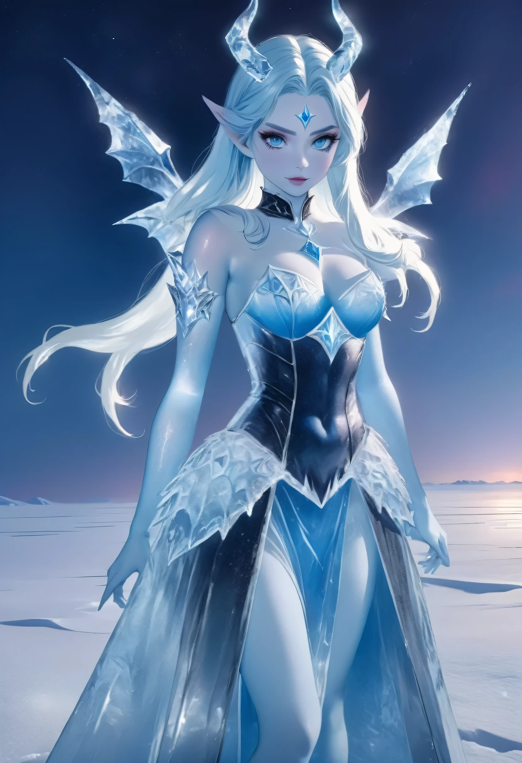 (8k, highest quality, masterpiece: 1.2), (realistic, realistic: 1.37), Super detailed, ((an ice female sexy demon:1))、Standing in the frozen snow field、Witch wearing pale armor, ((sexy costume:1)), SEXY female devil, ((aurora in the night sky)),  ((pale blue skin:1))