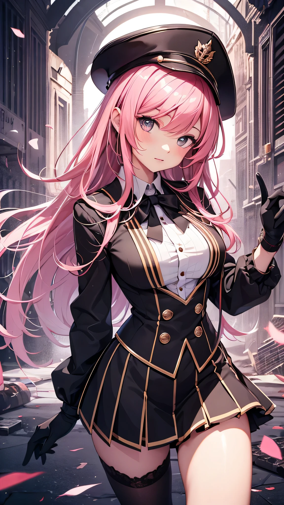 最high quality、best image quality、masterpiece、girl((18-year-old、 By becoming、vest bust、medium bust,wide open breast tea、shining eyes, glowing red hair、long hair、thin,highest valley、、black sailor suit、short skirt、Wristband、black gloves、hat、Tsundere、point to the viewer)),high quality、beautiful art、background((luxurious school))、Flight、debris flies、Depth of written boundary、movie、visual art、perfect art、8K,genuine、