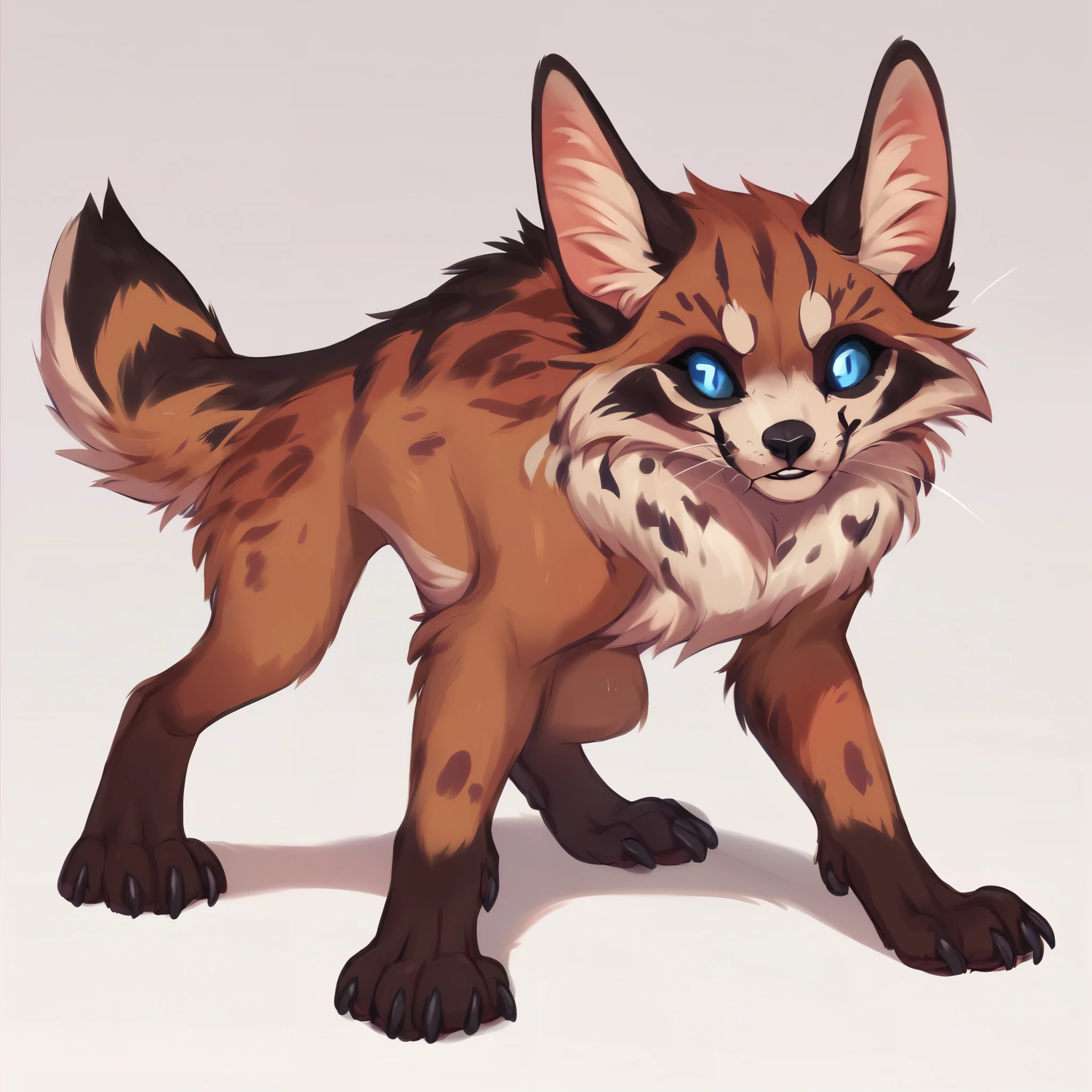 score_9, score_8_up, score_7_up, score_6_up, score_5_up, score_4_up, show accurate, full body, simple background, solo, feral chupacabra, female chupacabra, teenage chupacabra, adorable face, standing on all fours, black sclera, sapphire blue eyes, bright eyes, playful look, overflowing emotion, mixed white and brown fur, predominantly white fur, white face fur,