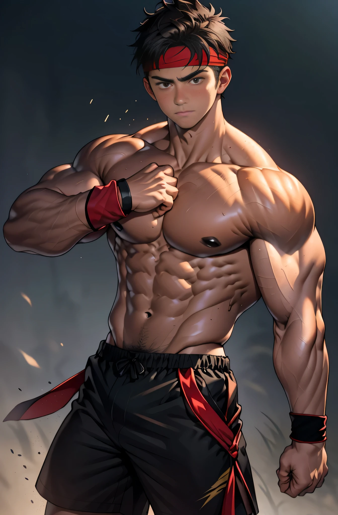 (Masterpiece, Best quality  boy, Shota, simple background), solo, Young, boy, Dark Short hair, full bodyesbian, Shirtless, topless, (Dark Short straight hair, under cut, brown eyes), (red headband, black shorts, ((black wristband))), Vivid colors, (hot Abs, big breast, upper arms), (topless male), closed mouth, serious, tight muscler body, Man with martial arts stance, epic kung fu pose,