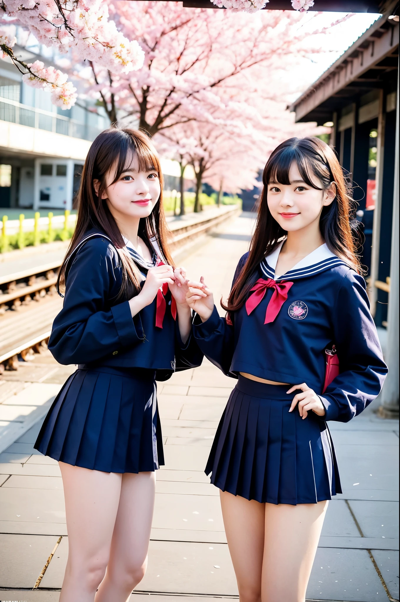 girls standing under cherry blossoms on platform of railway station,navy blue long-sleeved sailor school swimsuit with red bow tie,navy blue pleated skirt,school bag,18-year-old,bangs,a little smile,thighs,knees,straight hair with barrette,from below,front light