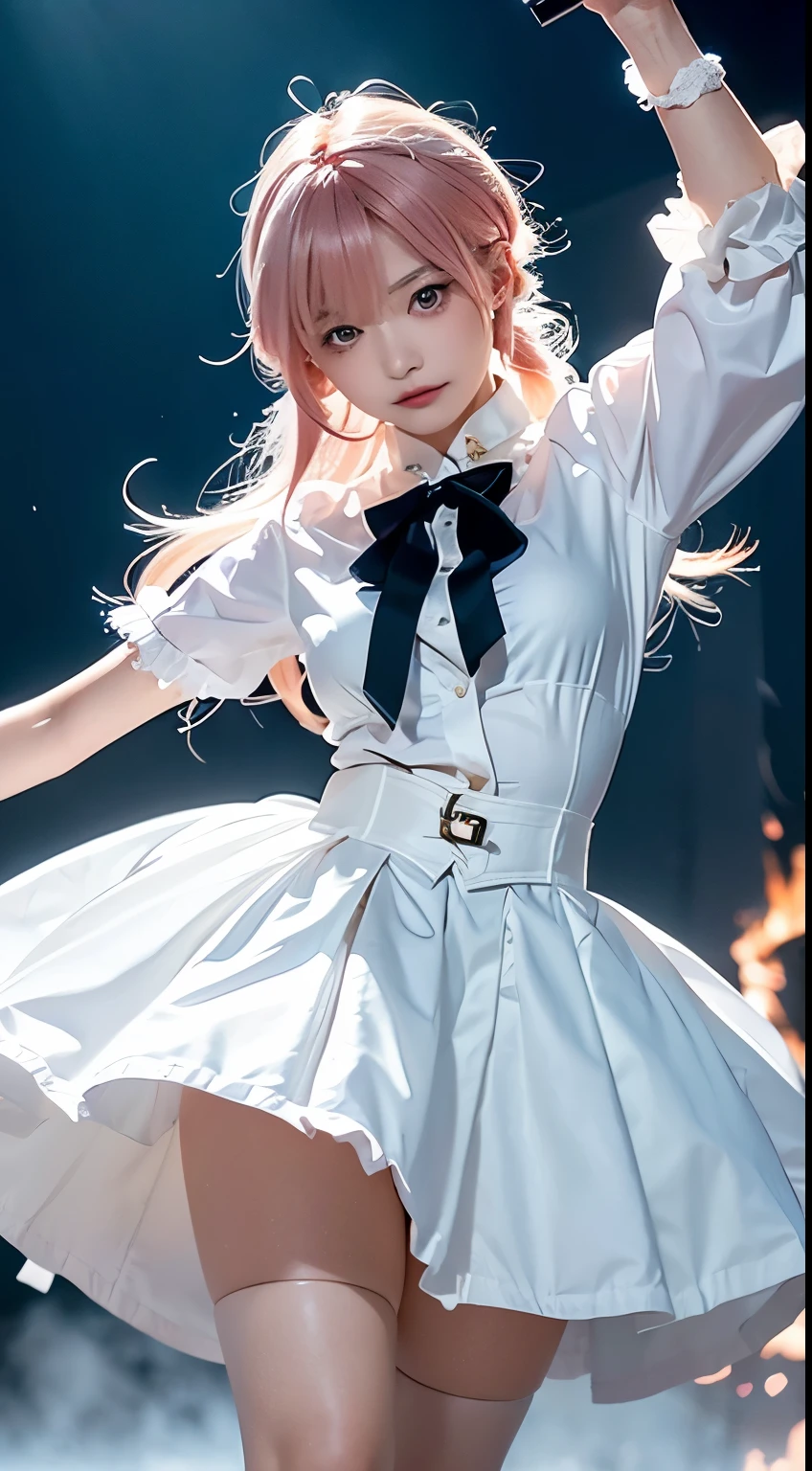 On the battlefield of the storm, A woman dressed in a ta costume wields a weapon infused with the power of the fire element.(( Lightning danced beside her)), Echoing the strength of her determination,Because she embodies the power of the forces of nature in battle.offcial art, 8k wallpaper, Ultra detailed, Beautiful and aesthetic, Beautiful, Masterpiece, Best quality,(Focus on thighs up),Clear face,Eyes detailed,(Wind,Fluttering strands of hair,Flowing skirt),