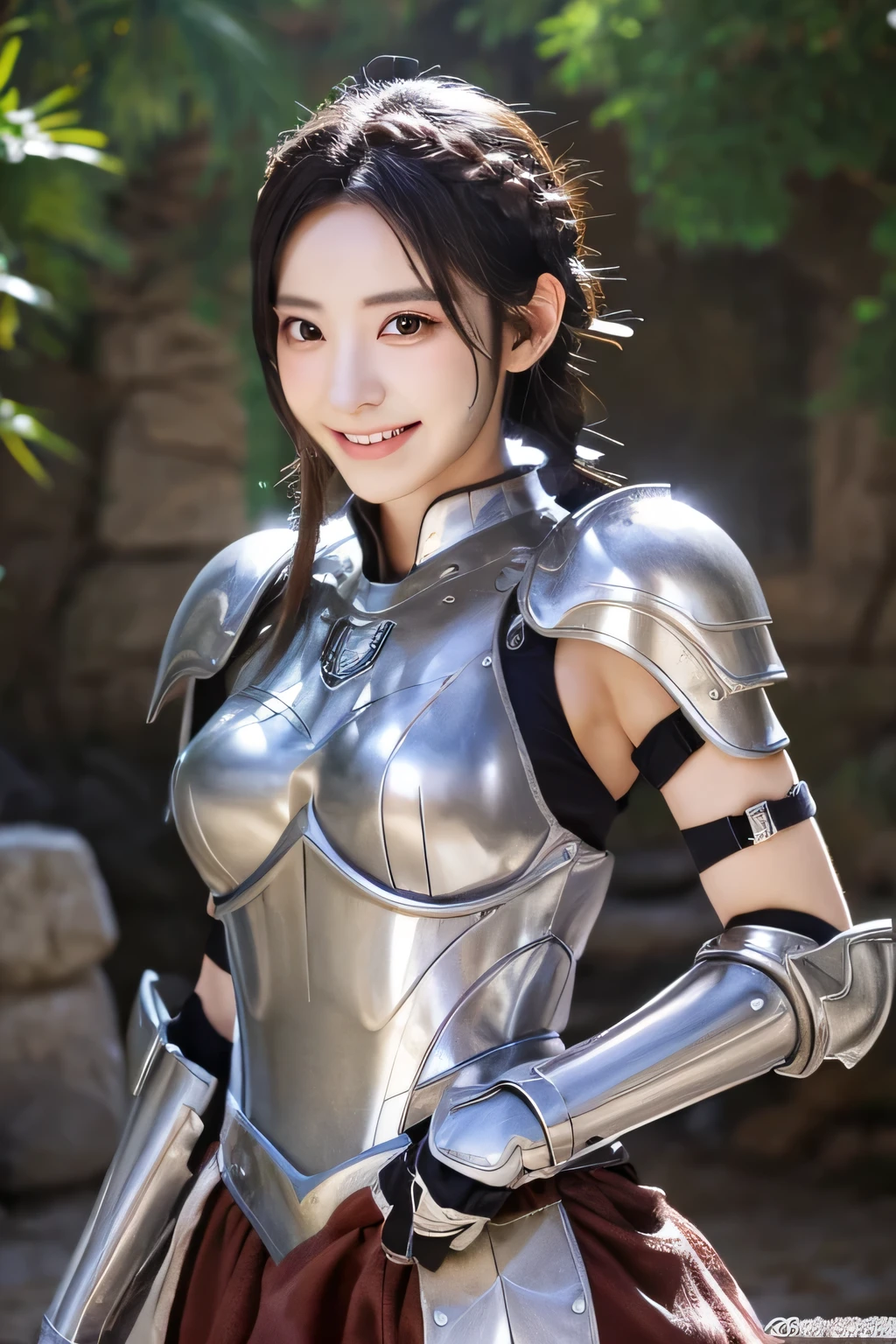 highest resolution, 4k, masterpiece: 1.3), japanese mature, women pictures, sexy, fine eyes, slender body shape, realistic teeth, double eyelid, full body, highest quality, become familiar with, equipped with armor, in a fantasy world, The background is a castle、black hair、smile、beautiful teeth、full body photo、Hairstyle braid、Has a luxurious silver armor spear