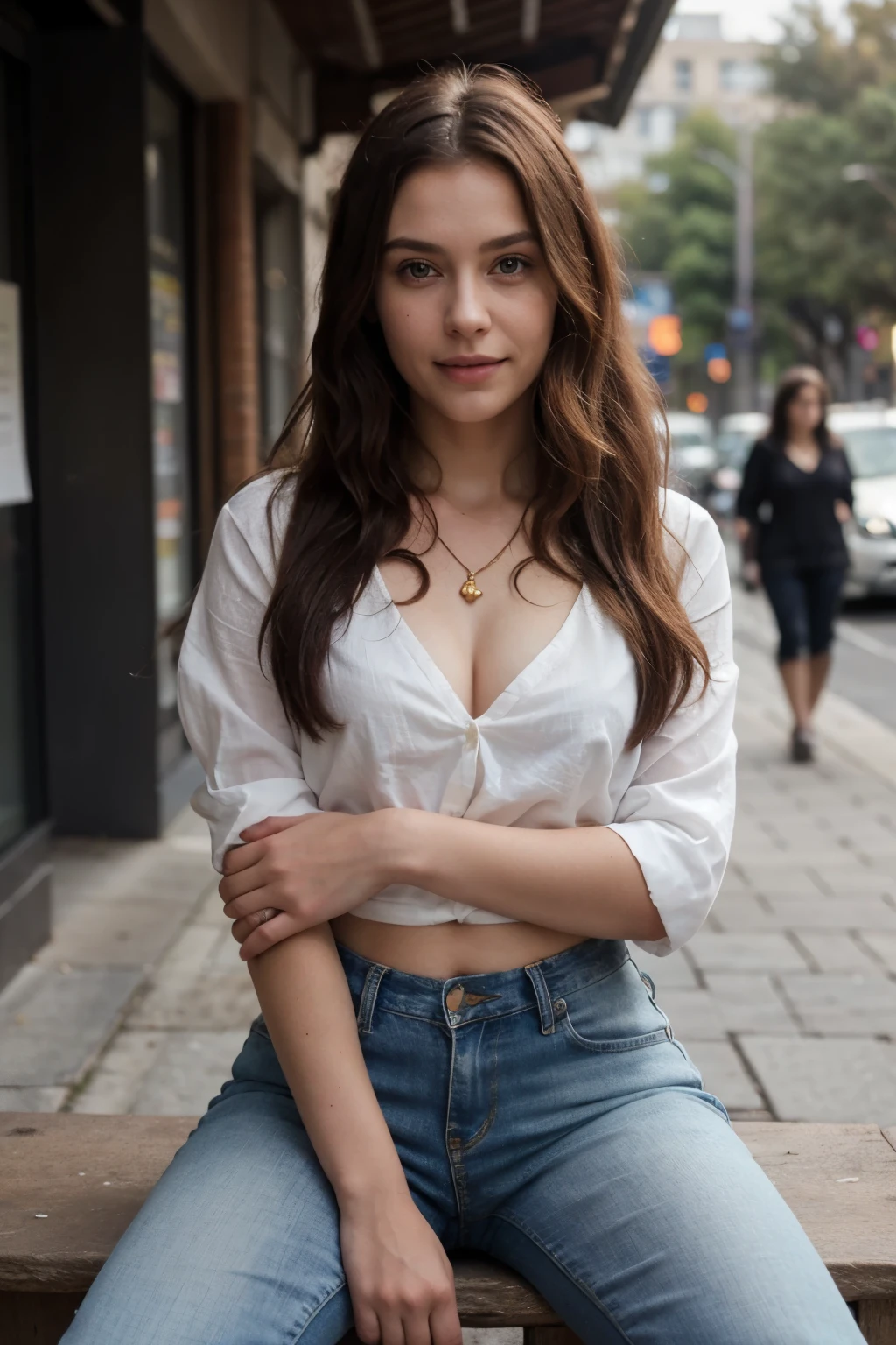 (in 8K, Raw-Photo, best quality, masterpiece:1.2), 1 girls , 20yo, 3/4 body, a beauty, russian,slim normal body, red hair color, long hair, (wavy hair), bob cuts hair,(Show your teeth and smile), looking at viewer, blazers, tucked in shirts, ripped skinny jeans, office outfit, professional look, (beads necklace:1.2), ((The highest quality, 16 k, masterpiece: 1.3)), Biologically Correct Human, reference, detailed faces, detailed lips, detailed eyes, glittering eyes, realistic pupils, brown pupils, outdoor, siting, elegance, at the coffee shop, light on the face, golden hours, ambience light, backlight, summer, people in the background watching, cinematic look, deep depths of field, blurry background