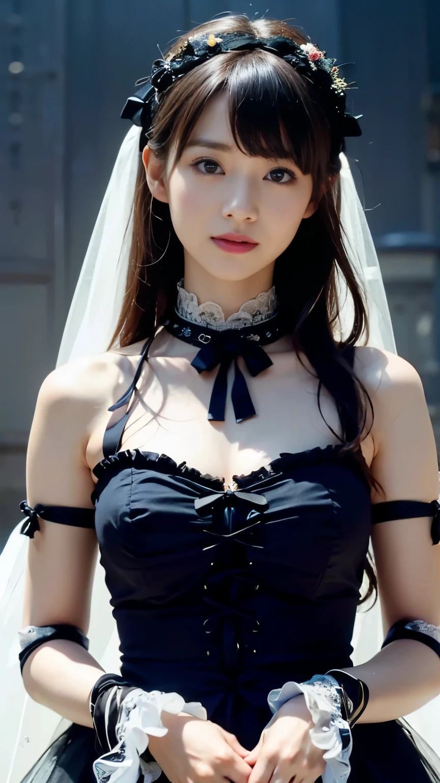 1 Nogizaka Musume、very cute、beautiful girl、19 years old、(gothic  fashion)、beautiful face, Exquisite details of eyes and skin、fine black shiny hair、Classy ruffles、frilled tie、ribbon tie、rose hair accessories、(smile at the camera)、(cowboy shot)、(sea of europe)、professional lighting、break、(realistic、Photoreal:1.37)、8K、(masterpiece)、(highest quality:1.4)、(Super high resolution:1.2)、 (Raw photo:1.2)、(delicate lace、soft fabric、beautiful rose pattern dress)、perfect anatomy、4 fingers and 1 thumb、seaside background、(Wallpaper by Unity 8K)