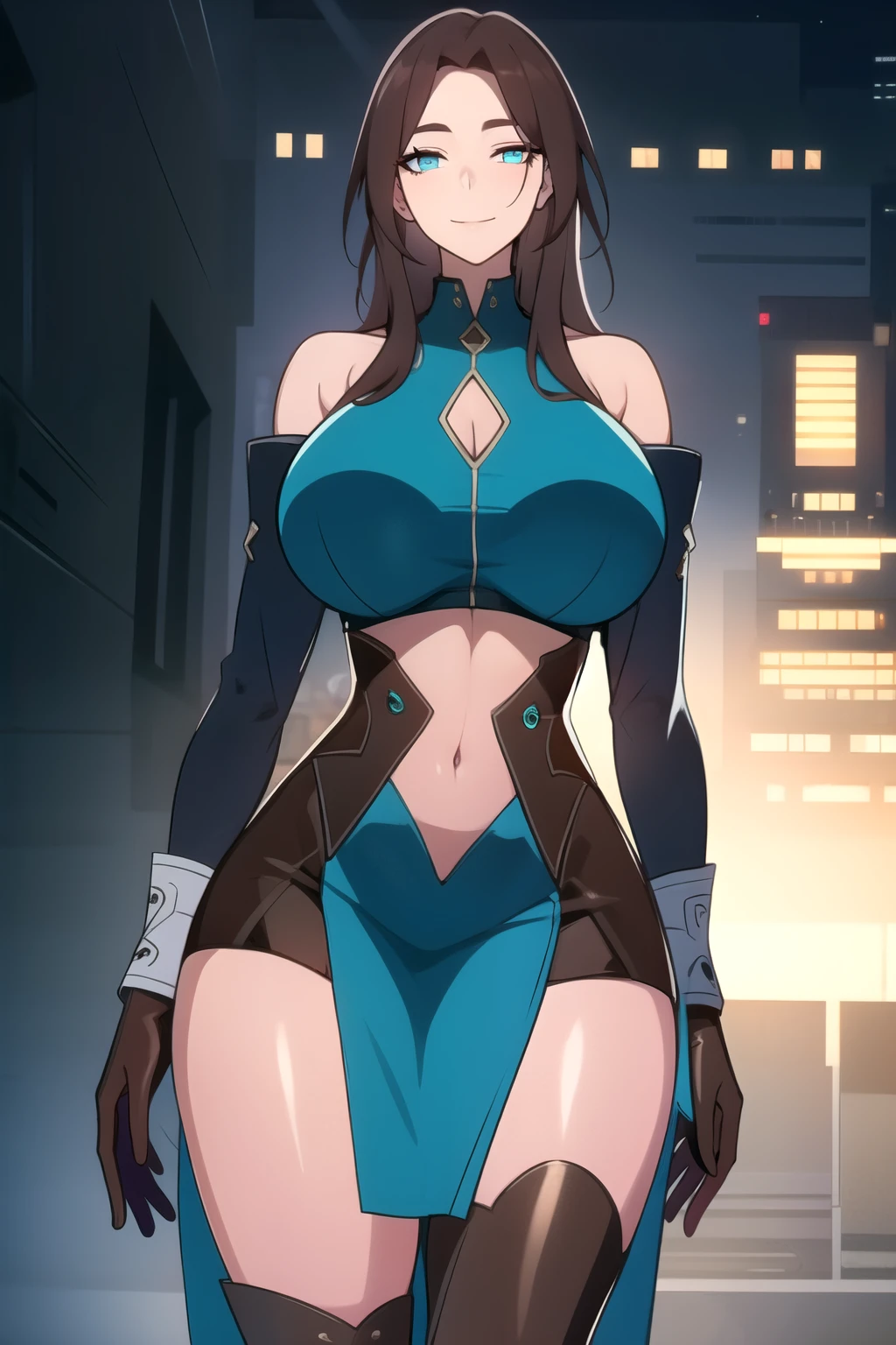 masterpiece, best quality, absurdres, 8k, perfect shadows,perfect lighting,hdr, cowboy shot,shiny skin,skindentation, beautiful body, kafka, ((brown hair: 1.4)), long hair, (turquoise eyes: 1.4),  (black crop top, (underboob : 1.1), elbow gloves, thigh boots, split skirt, bare shoulders, curvy, midriff, curvy, thighs, higheels, shiny clothes), complex detailed background, inside, luxury palace) (gigantic breasts,hourglass body, thin waist,very slim waist)extremely detailed face,detailed eye makeup, detail face, nice detailed eyes,nice hands, perfect hands (realistic pupils,realistic iris:1) heavy eye makeup,glowing eyes, Bright eyes,standing,standing at attention,(seductive smile), (gigantic breasts: 1.1) , curvy, cowboy shot, 