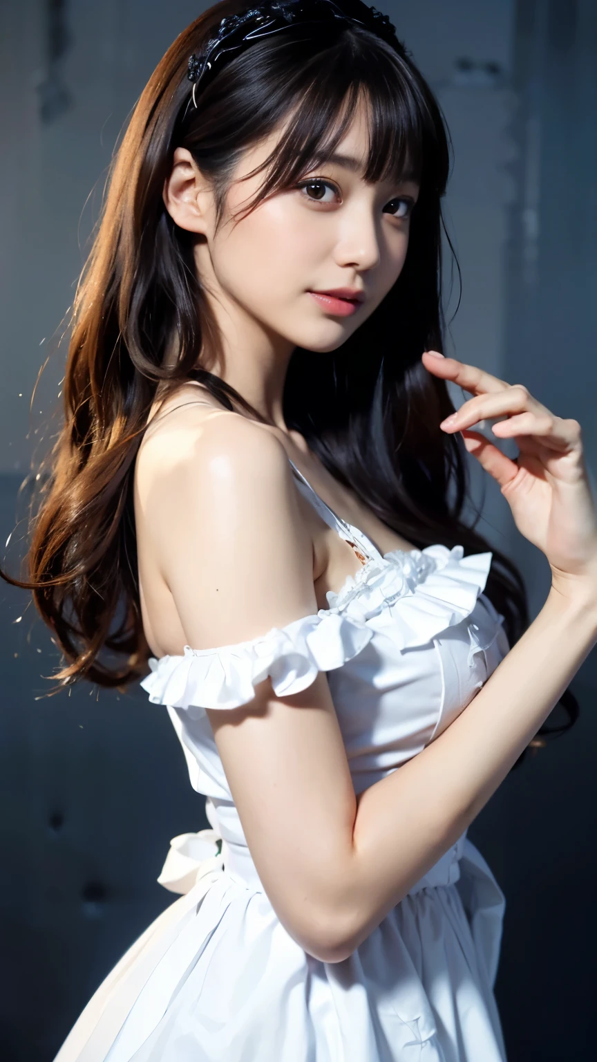 highest quality,masterpiece,ultra high resolution,(realistic:1.4),girl, 18-year-old, (Perky ???????:1.2), bangs, (slim face, slim waist, slim legs), Maid clothes, attractive, ((black choker, Blue color contact lenses)), Lean forward and look into the camera、long eyelashes、Large saggy ???????、smile、long sleeve shirt、Cleavage is visible from the front, slouch:1.2, brown hair