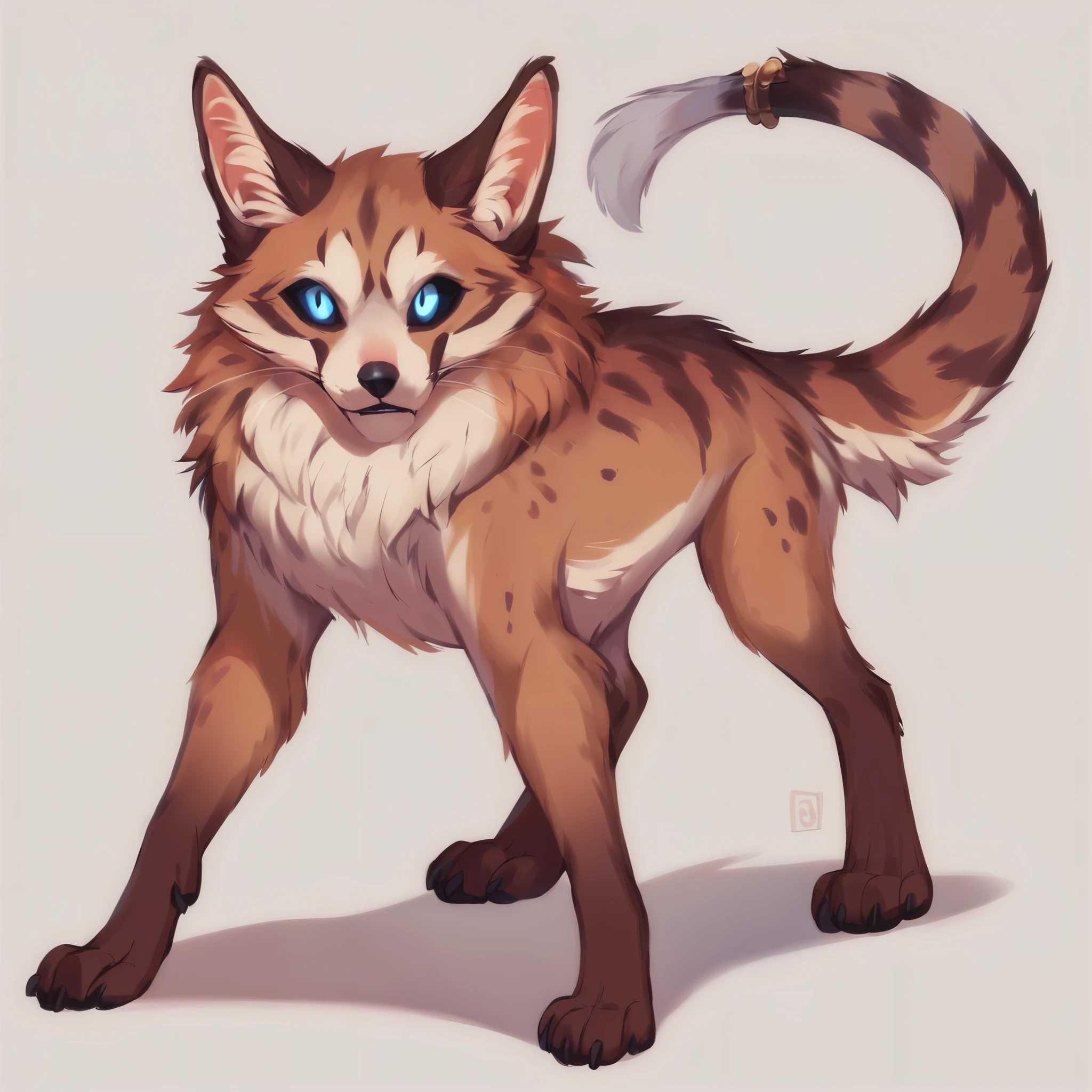 score_9, score_8_up, score_7_up, score_6_up, score_5_up, score_4_up, show accurate, full body, simple background, solo, feral chupacabra, female chupacabra, age chupacabra, adorable face, standing on all fours, black sclera, sapphire blue eyes, bright eyes, playful look, overflowing emotion, mixed white and brown fur, predominantly white fur, white face fur,