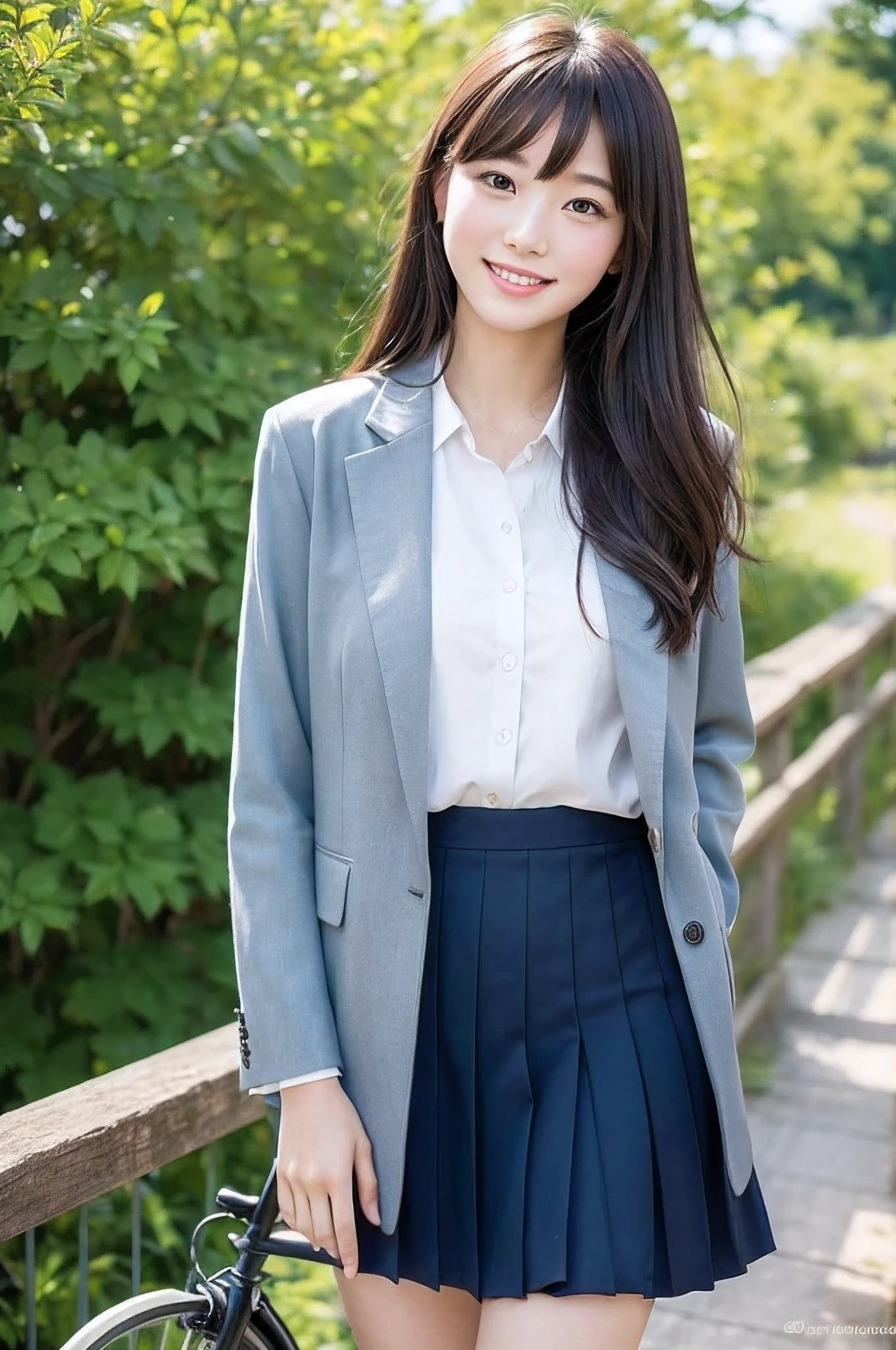 16K、highest quality、masterpiece、超A high resolution、photograph、The elegance of beautiful Japanese women、Single-lens reflex camera、There are some good ones too、A transparent atmosphere、sexy lip、slanted bangs、beautiful face、medium long hair、make bangs、smile、natural soft light、22 year old girl wearing a suit、wear a skirt、country road、riding a bicycle