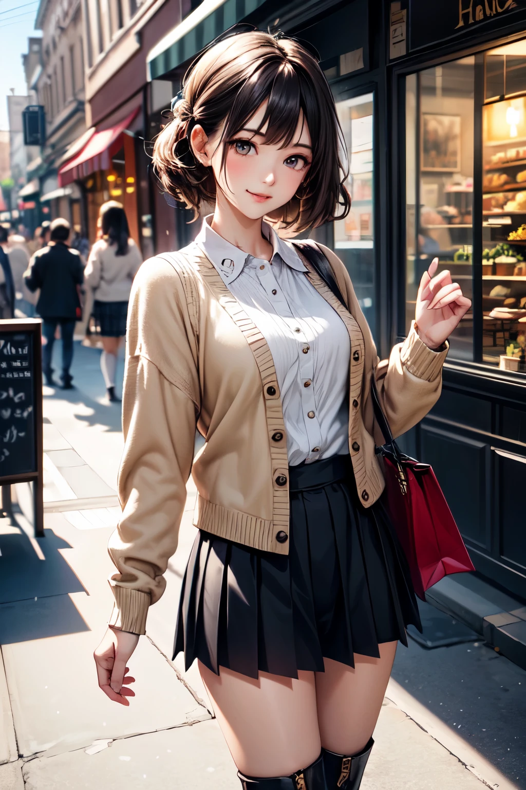 very cute and beautiful girl,,(highly detailed beautiful face),(white blouse),
(smile),cowboy shot,looking at viewer,
(beige cardigan:1.2) BREAK zettai ryouiki,brown shoulder bag,(brown boots),
stylish pose,hair ornament,black hair,(pleated black mini skirt:1.2),
standing,shopping street,cafe terrace,flower shop,
(best quality,masterpiece:1.0),absurdres,highres,ultra-detailed,extremely detailed,32k,8k resolution,
intricate details,cinematic scene,detailed background,solo,dynamic angle,
natural lighting,hair fluttering in the wind,beautiful detailed sky,