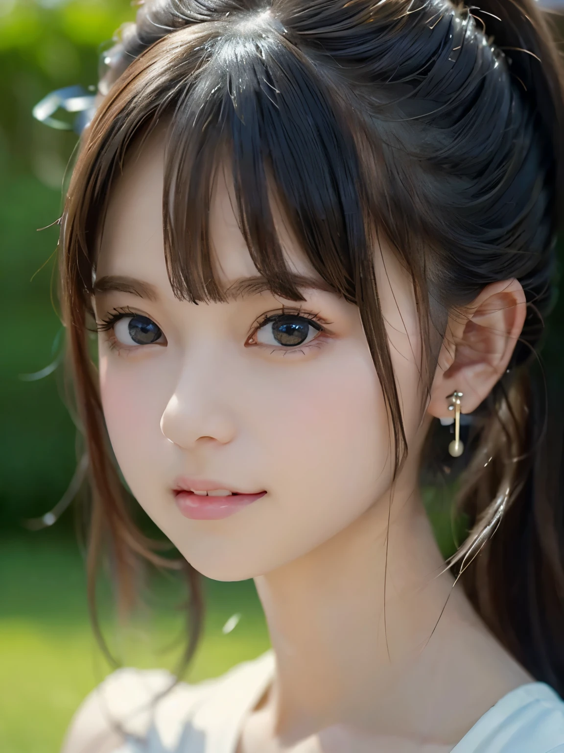grassland、(You can see both sides:1.6)、(from the chest up:1.6)、laughter、Close-up portrait of a girl wearing white sleeveless top dress and earrings, soft portrait shot 8k, nice delicate face, High quality 4K portraits, high quality portrait, soft and perfect white skin, 8K highly detailed face, beautiful and delicate face, beautiful light big eyes, beautiful and realistic face, with a beautiful girl, beautiful and realistic face, cute girl