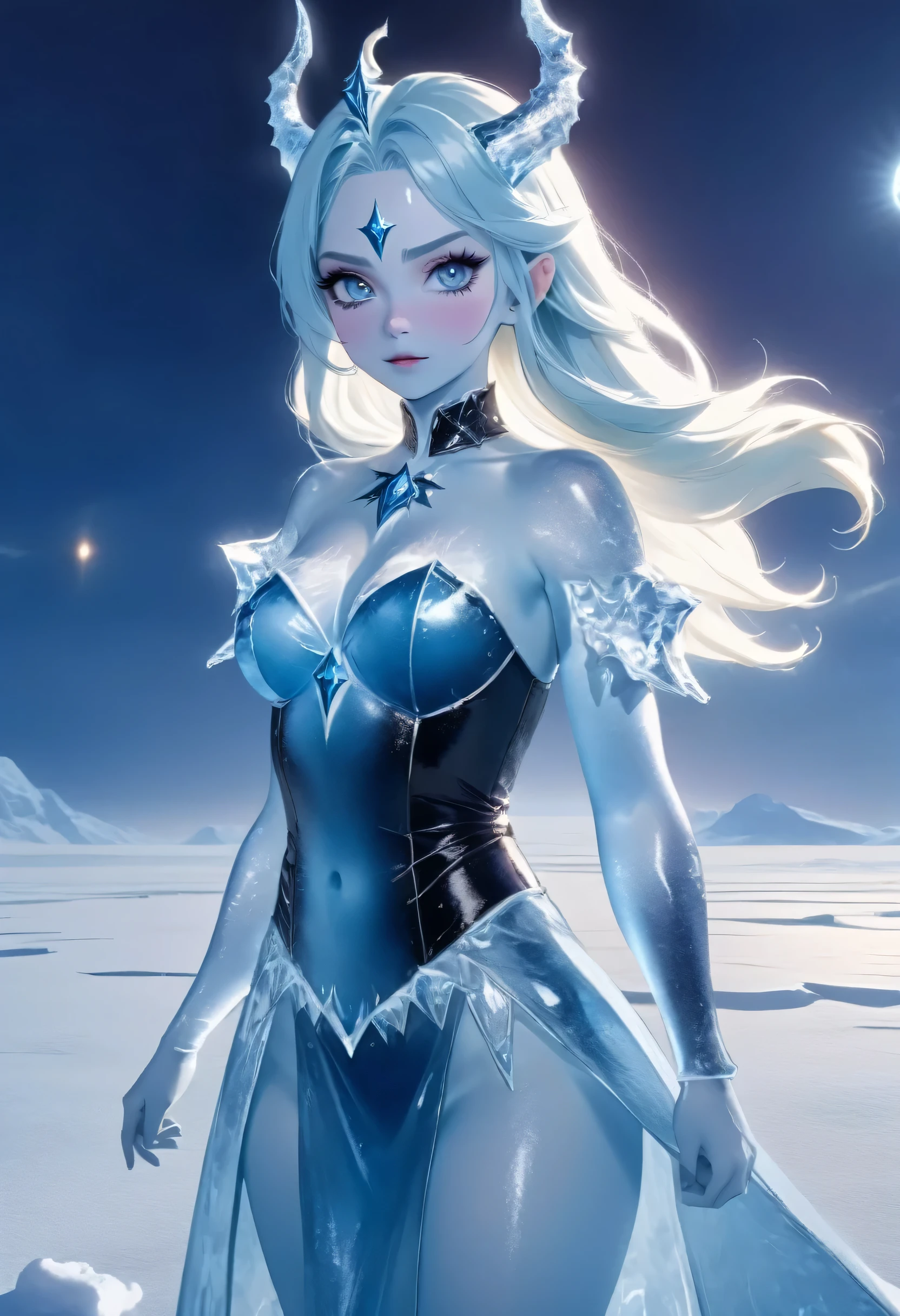 (8k, highest quality, masterpiece: 1.2), (realistic, realistic: 1.37), Super detailed, ((an ice female sexy demon:1))、Standing in the frozen snow field、Witch wearing pale armor, ((sexy costume:1)), SEXY female devil, ((aurora in the night sky)),  ((pale blue skin:1))