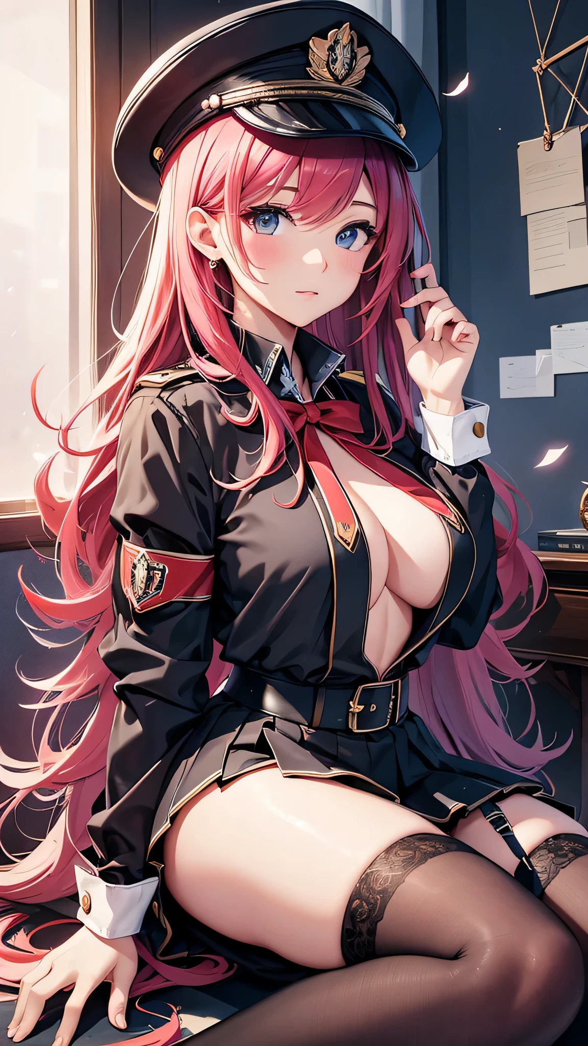 最high quality、best image quality、masterpiece、girl((18-year-old、 By becoming、vest bust、medium bust,wide open breast tea、shining eyes, glowing red hair、long hair、thin,highest valley、、black sailor suit、short skirt、Wristband、black gloves、hat、Tsundere、point to the viewer)),high quality、beautiful art、background((luxurious school))、Flight、debris flies、Depth of written boundary、movie、visual art、perfect art、8K,genuine、