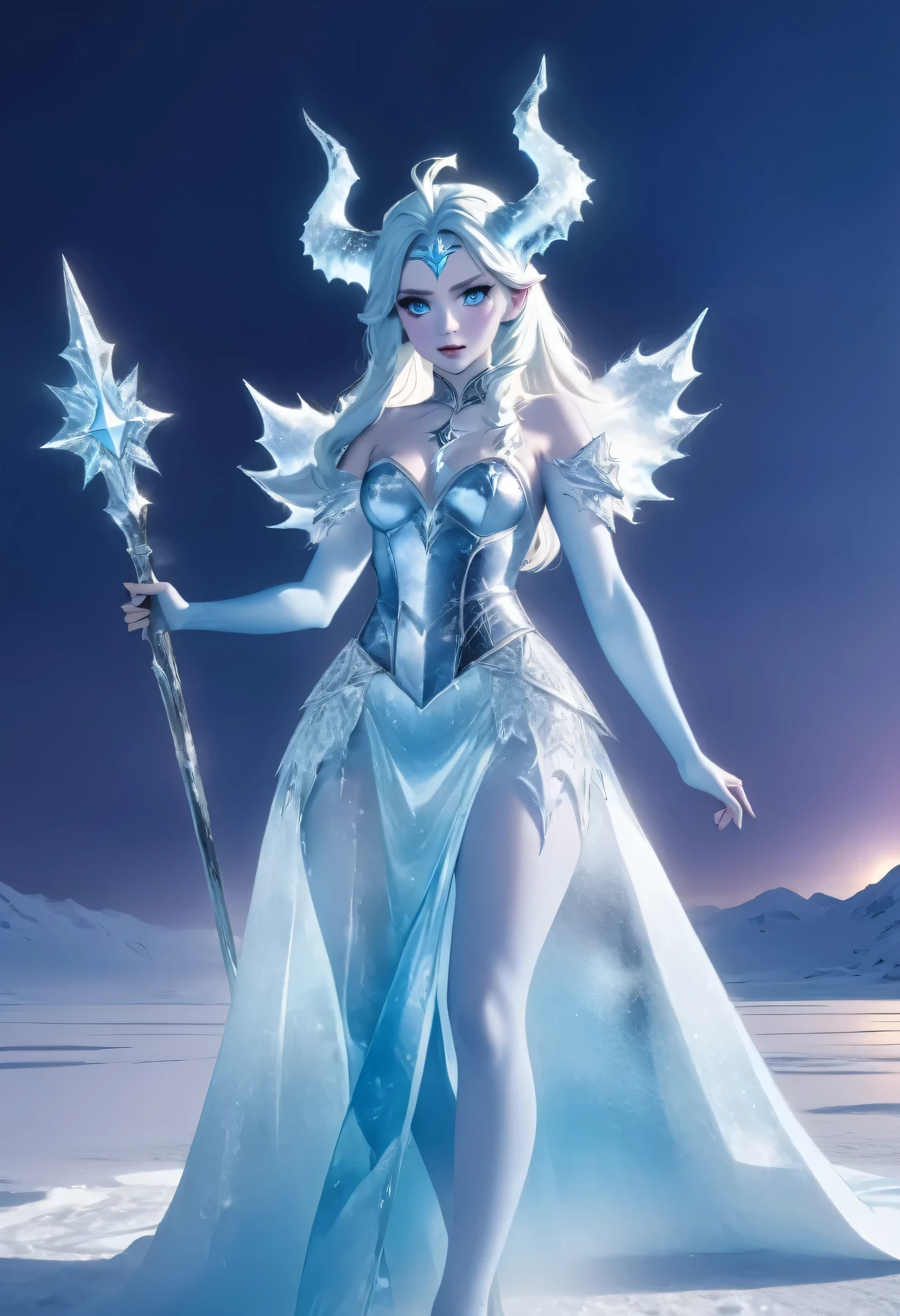 (8k, highest quality, masterpiece: 1.2), (realistic, realistic: 1.37), Super detailed, ((an ice female sexy demon:1))、Standing in the frozen snow field、Witch wearing pale armor, ((sexy costume:1)), SEXY female devil, ((aurora in the night sky)),  ((pale blue skin:1))