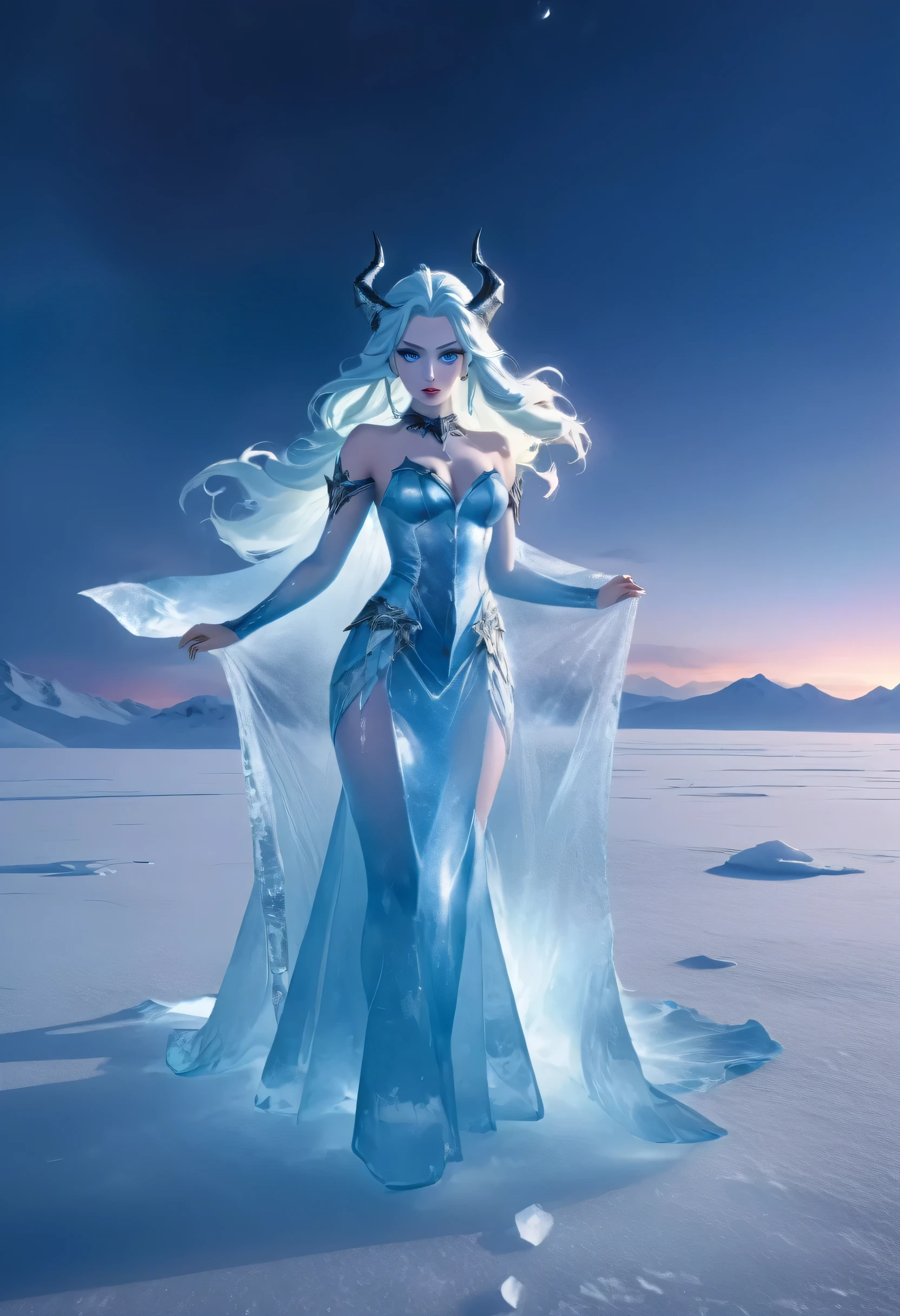 (8k, highest quality, masterpiece: 1.2), (realistic, realistic: 1.37), Super detailed, ((an ice female sexy demon:1))、Standing in the frozen snow field、Witch wearing pale armor, ((sexy costume:1)), SEXY female devil, ((aurora in the night sky)), ((pale blue skin:1))