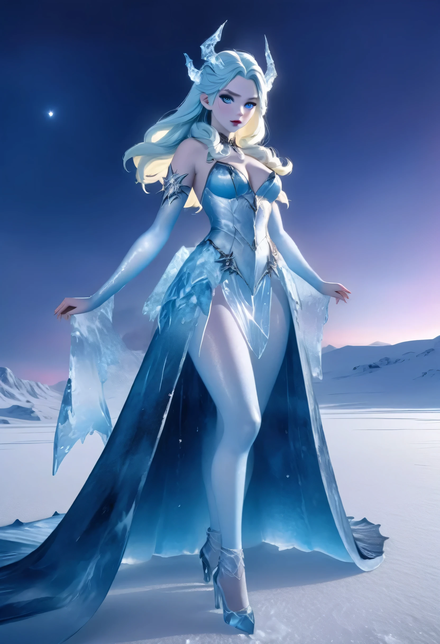 (8k, highest quality, masterpiece: 1.2), (realistic, realistic: 1.37), Super detailed, ((an ice female sexy demon:1))、Standing in the frozen snow field、Witch wearing pale armor, ((sexy costume:1)), SEXY female devil, ((aurora in the night sky)),  ((pale blue skin:1))
