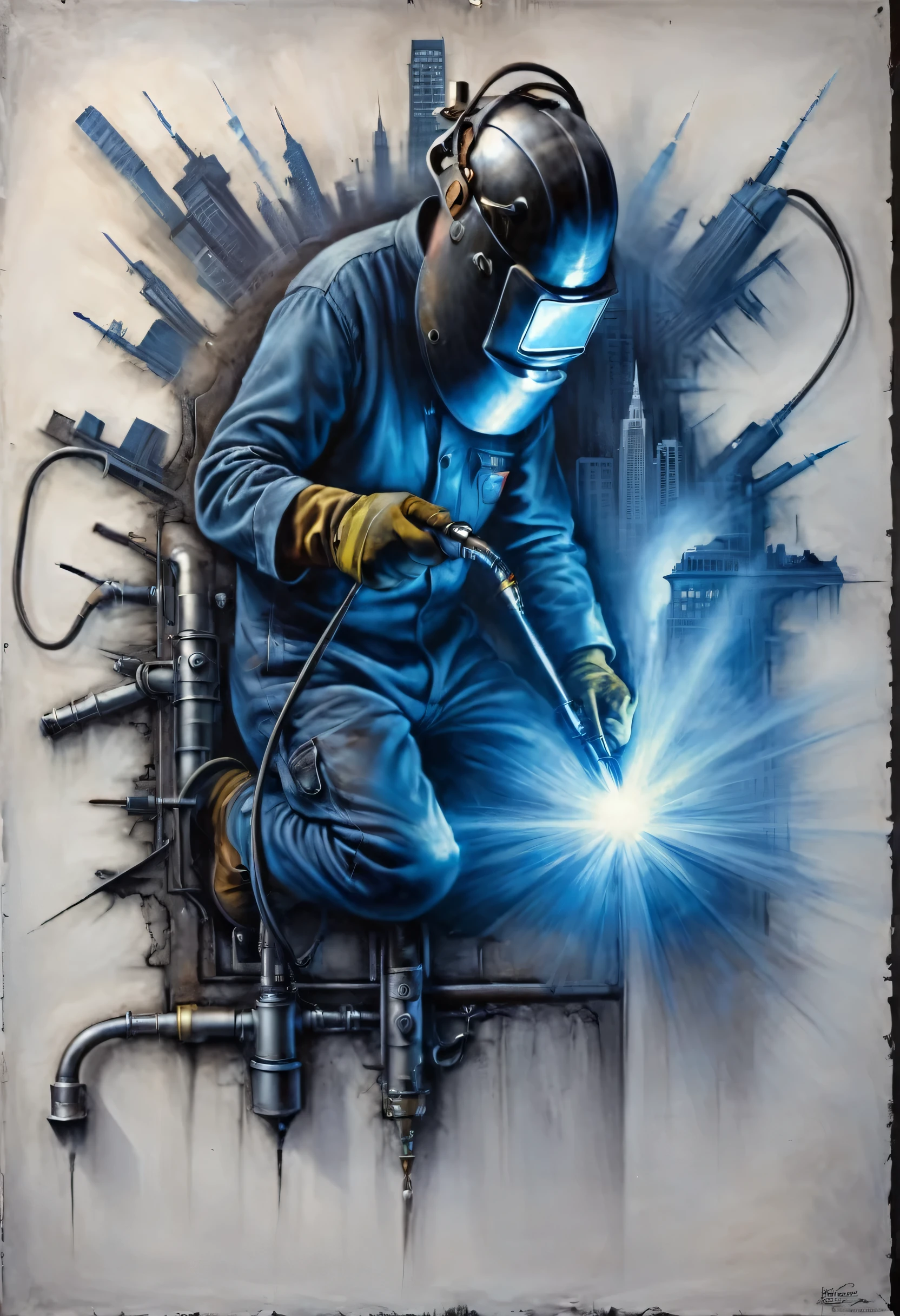 painting of a man welding on a wall with a city in the background, rob mcnaughton, airbrushed artwork, airbrush art, an airbrush painting, detailed airbrush art, industrial art style, les edwards poster art, air brush art, by Ren Bonian, airbrush on canvas, airbrush painting, aetherpunk airbrush digital art