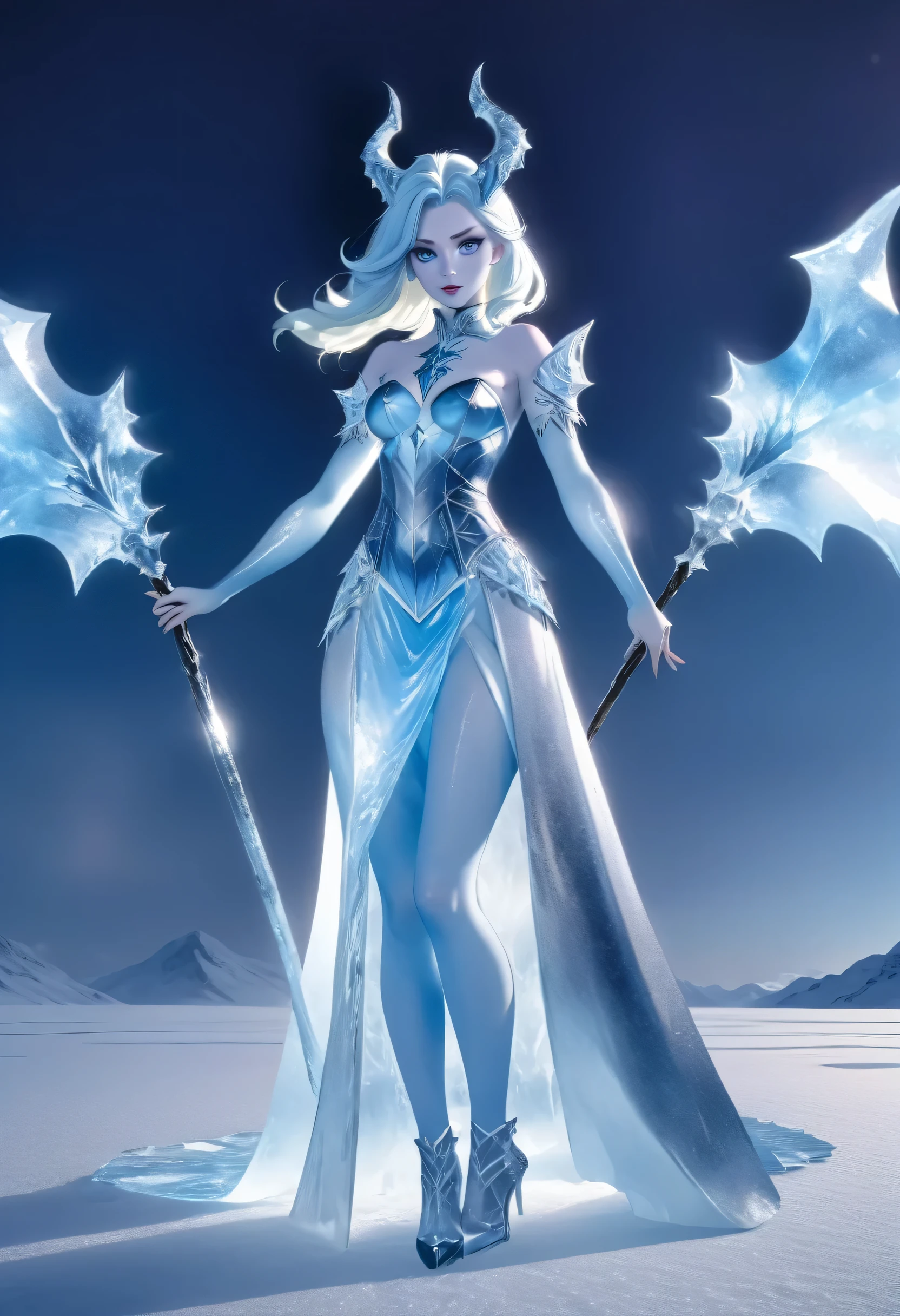 (8k, highest quality, masterpiece: 1.2), (realistic, realistic: 1.37), Super detailed, ((an ice female sexy demon:1))、Standing in the frozen snow field、Witch wearing pale armor, ((sexy costume:1)), SEXY female devil, ((aurora in the night sky)), ((pale blue skin:1))