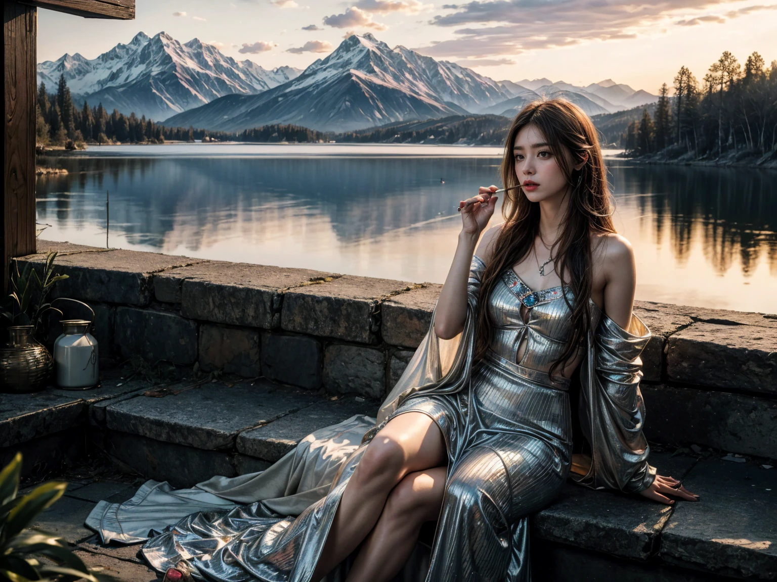 Reflective watercolor of a hippie-fashioned young woman sitting by a serene lake, engrossed in the act of smoking a hookah, her visage echoing the charm, Evening. sexuality, and a subtle interplay of fear reminiscent of Vasnetsov's "Alyonushka, " hyper-detailed, 32k resolution, evoking a profound sense of a surreal masterpiece, charm, sexuality, and some fear   ((masterpiece, highest quality, Highest image quality, High resolution, photorealistic, Raw photo, 8K)), , 