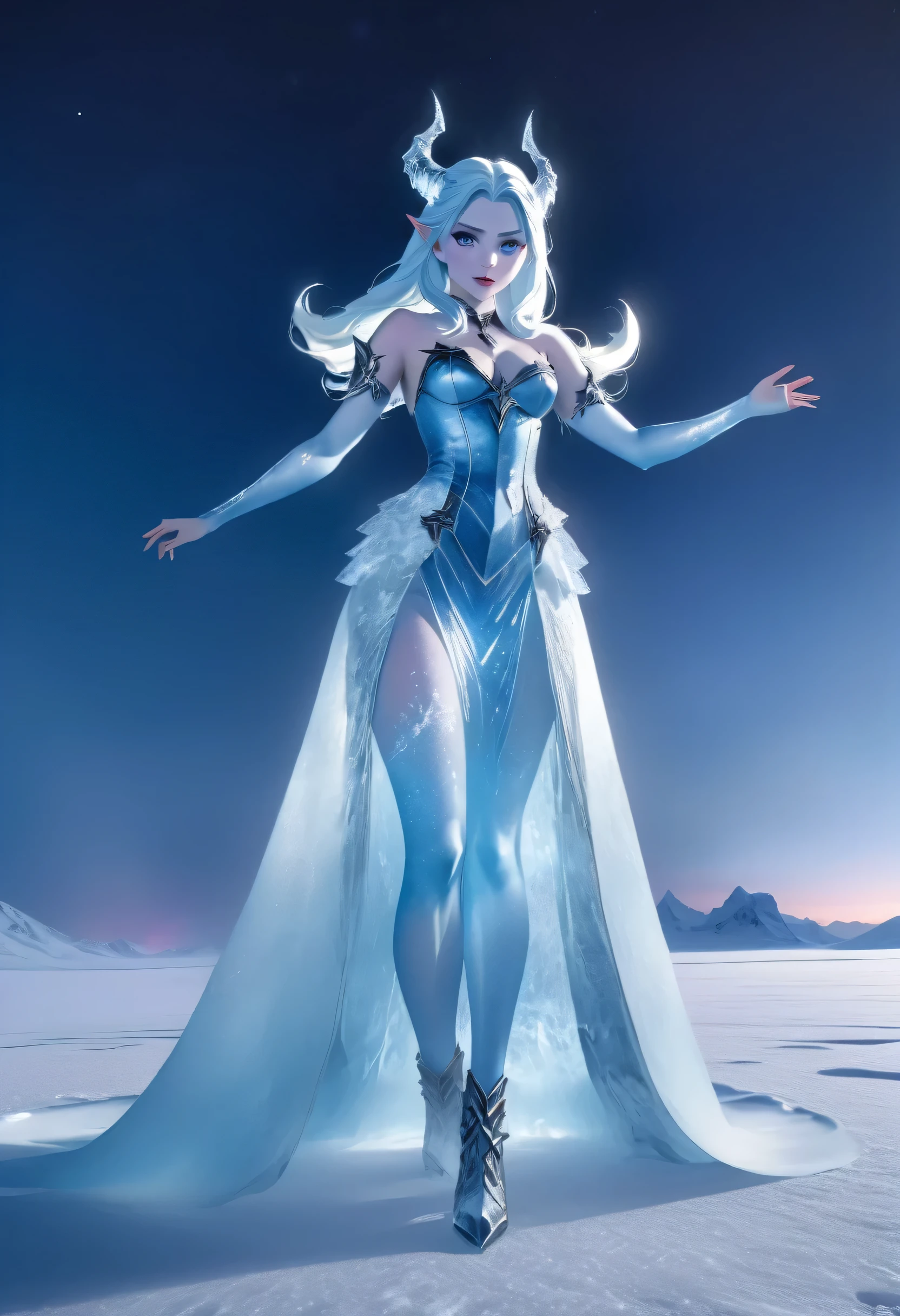 (8k, highest quality, masterpiece: 1.2), (realistic, realistic: 1.37), Super detailed, ((an ice female sexy demon:1))、Standing in the frozen snow field、Witch wearing pale armor, ((sexy costume:1)), SEXY female devil, ((aurora in the night sky)),  ((pale blue skin:1))