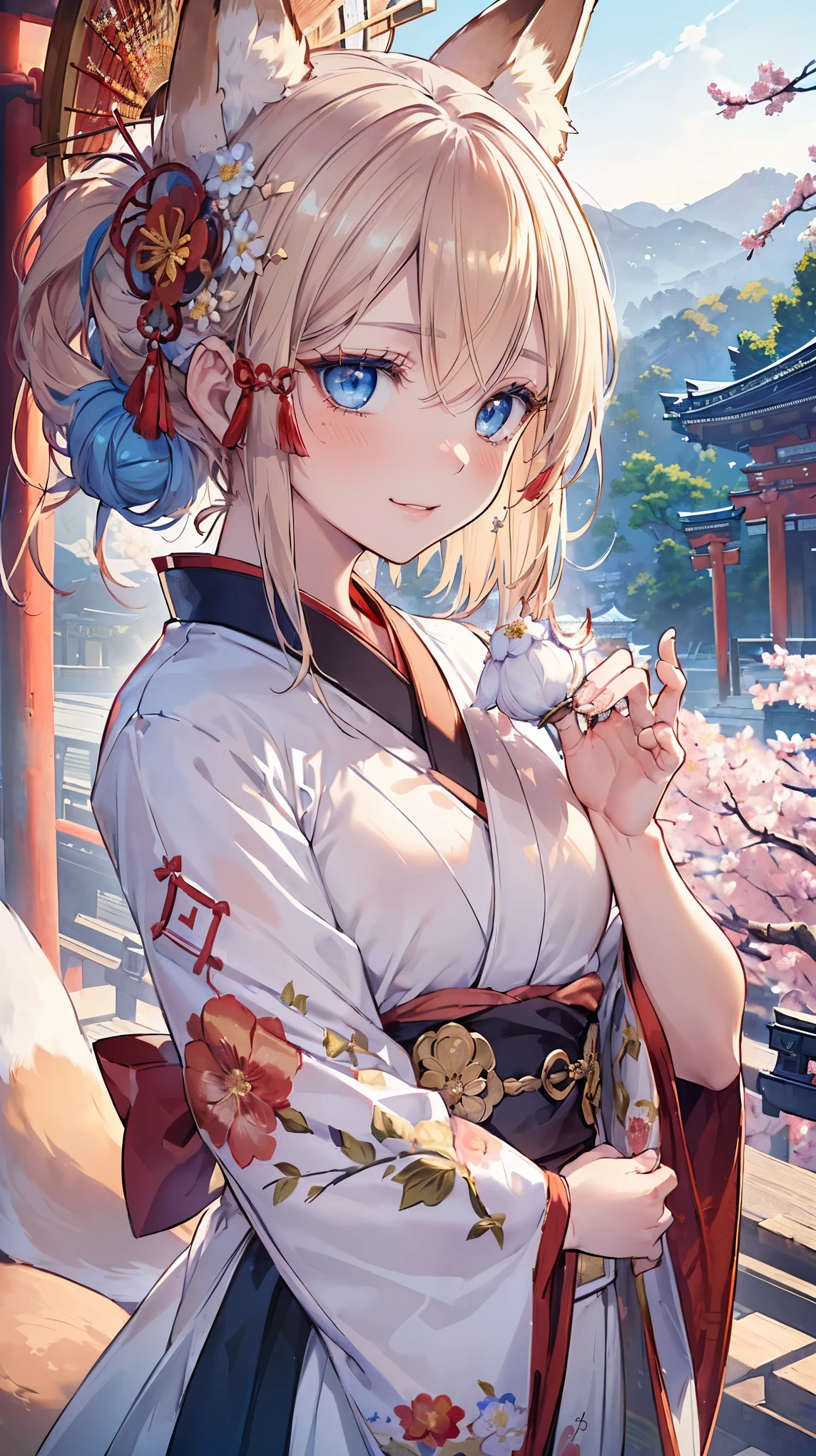 (((Masterpiece))), (((Highest quality))), ((Ultra-detailed)), ((Super fine illustration)), ((Ultra-fine painting)), (16K highest quality wallpaper:1.4), (Upper body:1.6), HDR, (Highly detailed and delicate illustration style:1.8), Detailed skin texture, Detailed cloth texture, Extreme detailed description, (T-masterpiece), (Highly detailed face:1.2), (Highly detailed fox ears:1.2), (Highly detailed shiny golden brown half updo:1.2), (Highly detailed clear blue eyes:1.2), Original, RAW photo, Professional, Intricate details, Super details, Direct light:1.6, (Perfect anatomy:1.4), (Highly detailed hands:1.2), (Highly detailed fingers:1.2), (Highly detailed fingertips:1.2), (24-years-old), Real, (Solo:1.8), ((A very beautiful and attractive fox fashion model with blue eyes wearing a bright red furisode with a floral pattern:1.4)) BRAKE (Beautiful and adorable fox ears:1.6), (Highly detailed and delicate fox ears:1.4), (Beautiful and well-shaped big breasts:1.2), (Beautiful and well-shaped buttocks), (Beautiful and shiny golden brown half updo:1.4), (Highly detailed and delicate golden brown half updo:1.2), (Beautiful clear blue eyes that shine with great detail:1.6), (Highly detailed and delicate blue eyes:1.2), (Highly detailed face:1.4), (Smile:1.5), (Blush:1.4), (Looking at viewer:1.4), (Celebration:1.4) BRAKE (Bright red furisode with floral pattern:1.4), (Japanese traditional costume:1.2) BRAKE (Concept art:1.2), (Detailed fantasy art:1.2) BRAKE (Highly detailed and delicate Ise Grand Shrine in Mie Prefecture in the background just after noon in spring:1.6), (Celebration:1.4), Ise Grand Shrine:1.4, Torii gate of Ise Shrine:1.4, cherry blossoms:1.2, Very beautiful in the sunny sky background just after noon:1.4 BRAKE