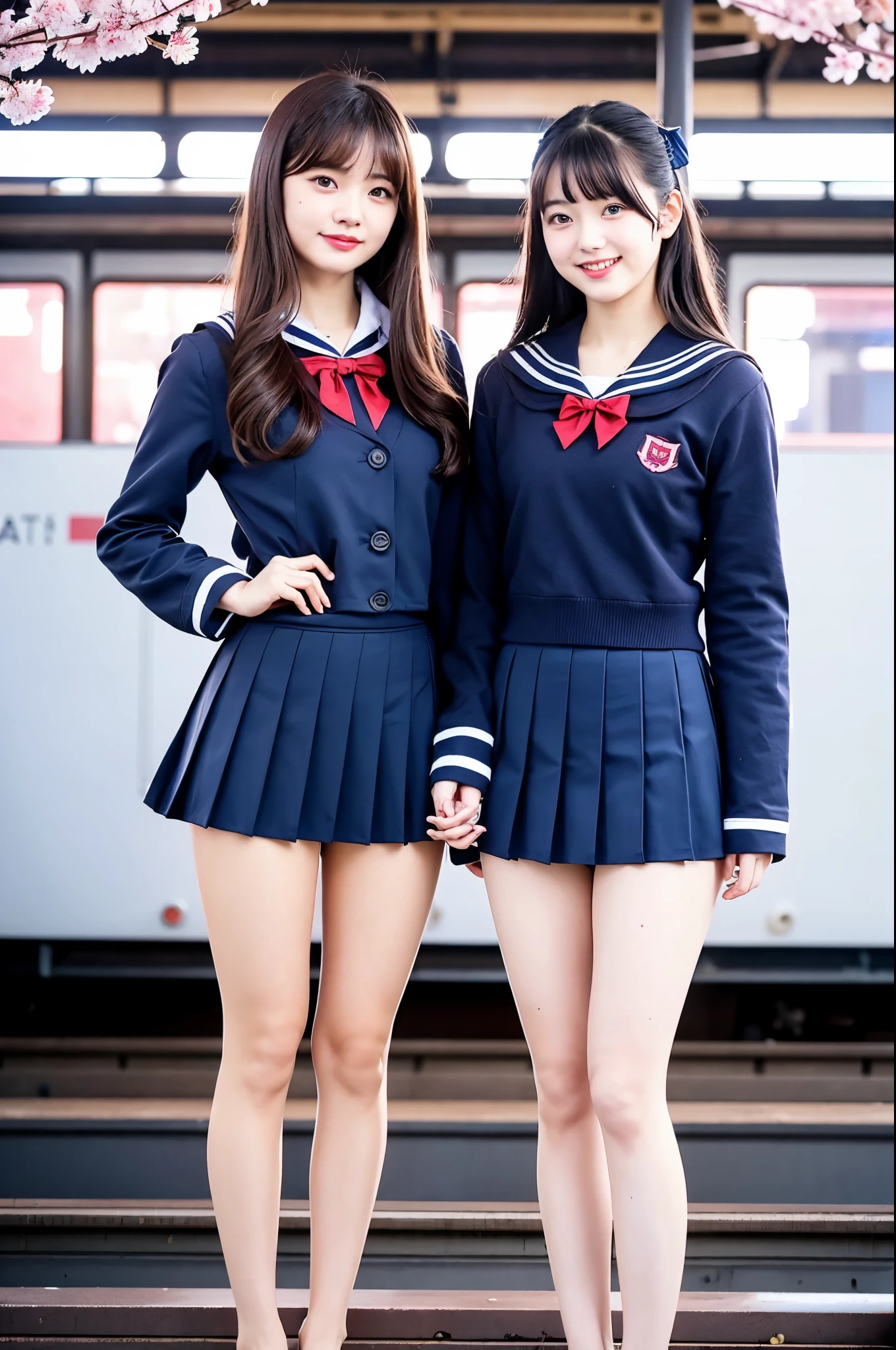 girls standing under cherry blossoms on platform of railway station,navy blue long-sleeved sailor school swimsuit with red bow tie,navy blue pleated skirt,school bag,18-year-old,bangs,a little smile,thighs,knees,straight hair with barrette,from below,front light