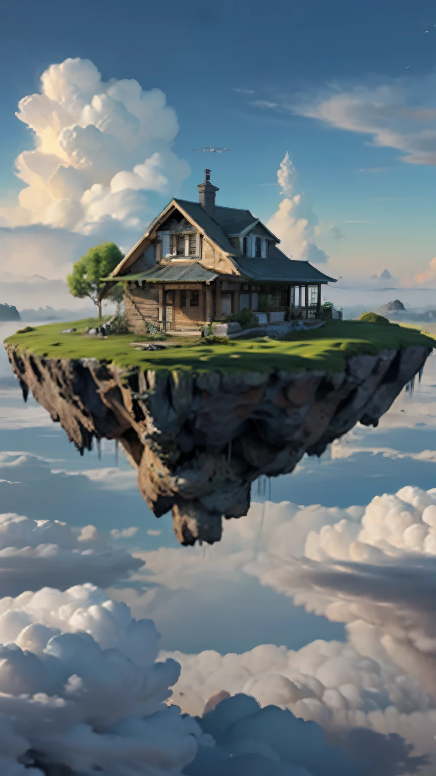 A small floating island with a house above the clouds 