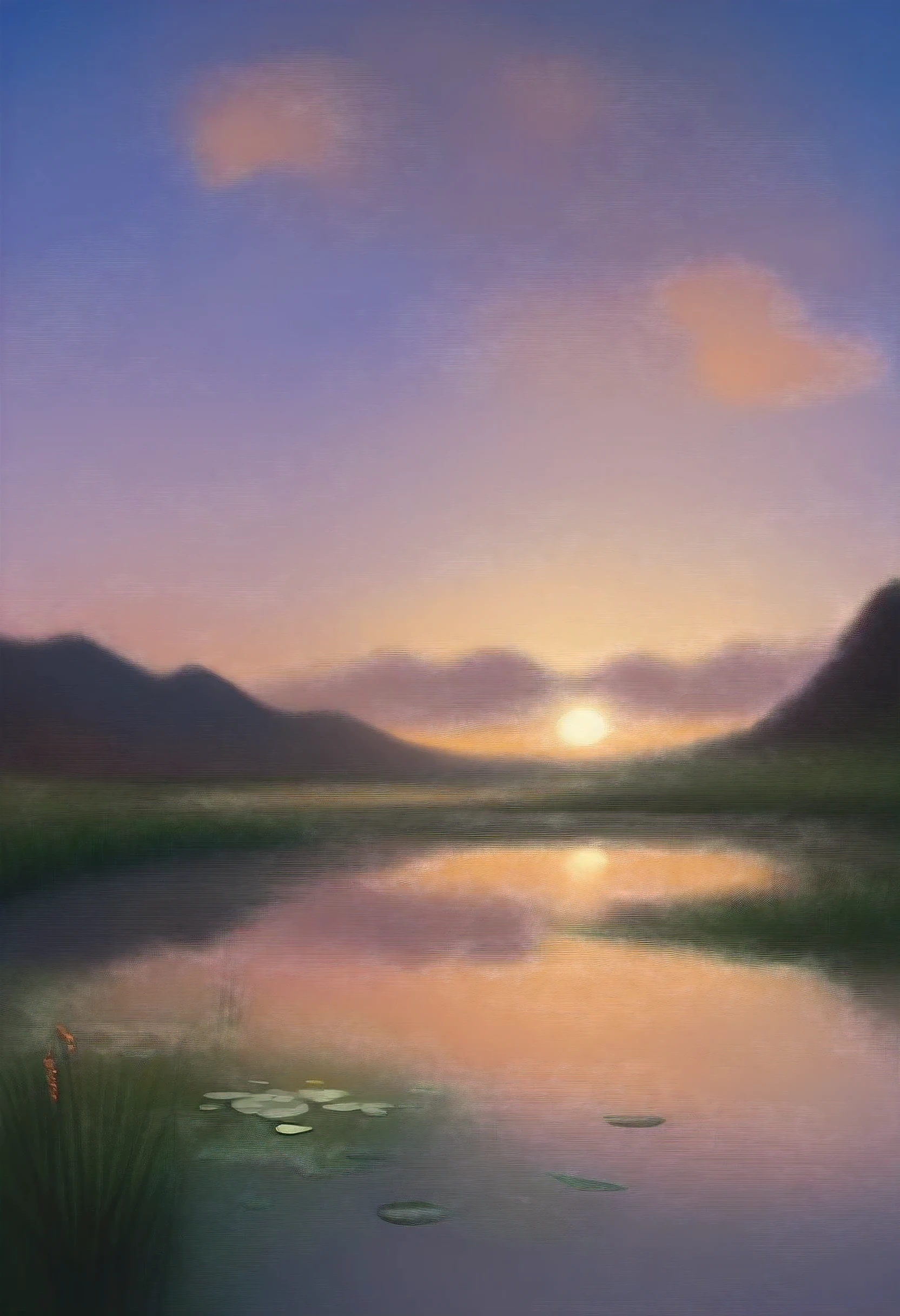 masterpiece, best quality, very aesthetic, absurdres, Evening Pond, sunset sky