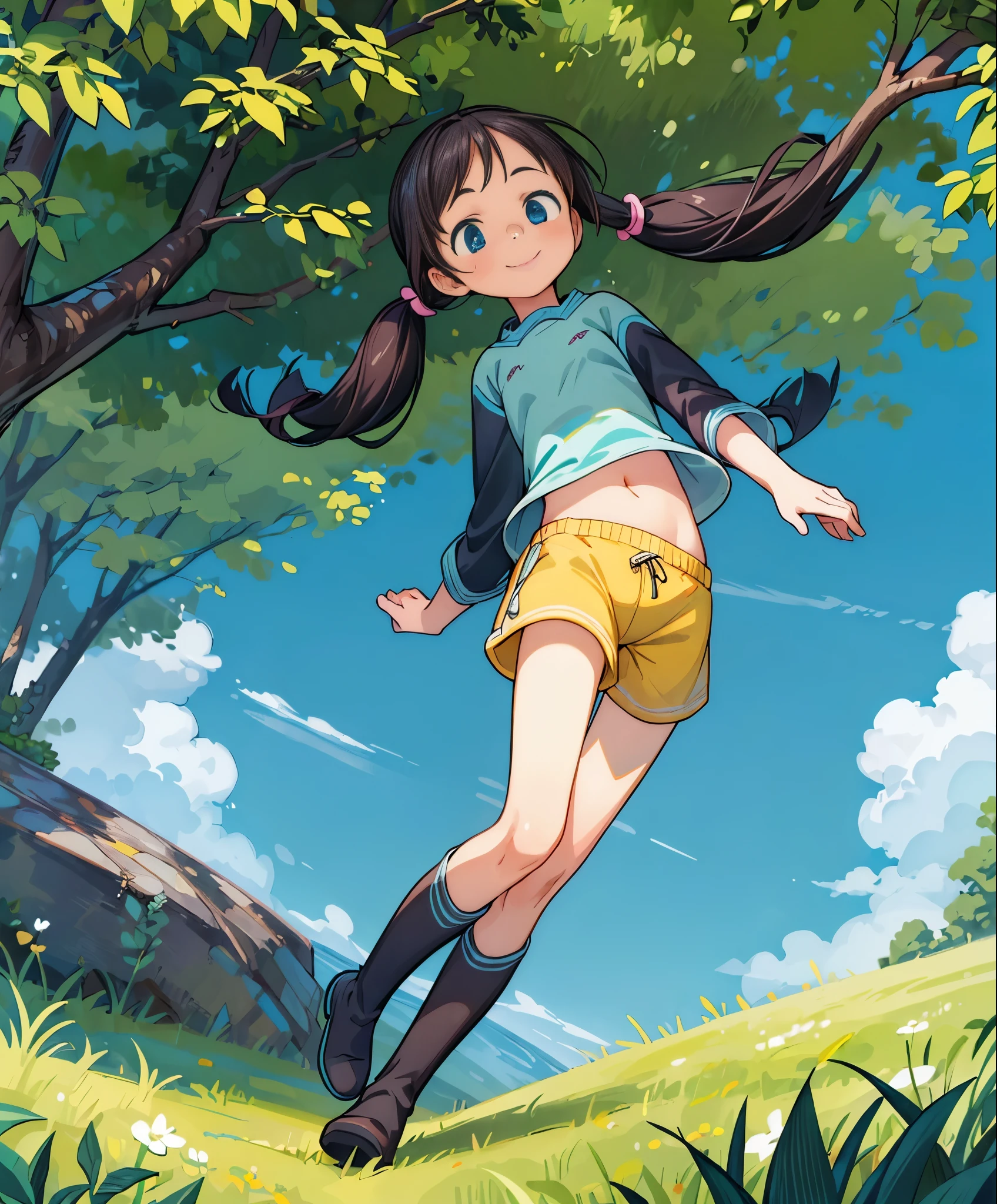 (masterpiece、highest quality、highest quality、official art、beautiful beautiful:1.2)、(1 girl:1.3)Hatsune Miku、twin tails,big breasts,table top、highest quality、High resolution、1 girl、alone、low length、thin legs、belly button、shy smile、、dark brown hair、bun hair、blue eyes、長いtwin tails、visor cap、((black knee socks、boots))、raglan sleeves、((yellow shorts))、shirt、pink ribbon、clock、plateau、overgrown with grass、A photo of the subject taken from below、(Are standing)、sexual pose
