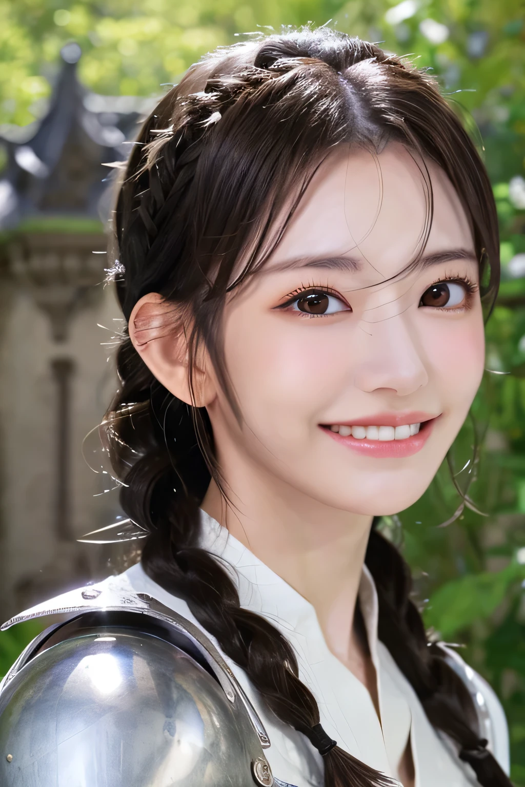 highest resolution, 4k, masterpiece: 1.3), japanese mature, women pictures, sexy, fine eyes, slender body shape, realistic teeth, double eyelid, full body, highest quality, become familiar with, equipped with armor, in a fantasy world, The background is a castle、black hair、smile、beautiful teeth、full body photo、female knight、heavy equipment、Hairstyle braid、