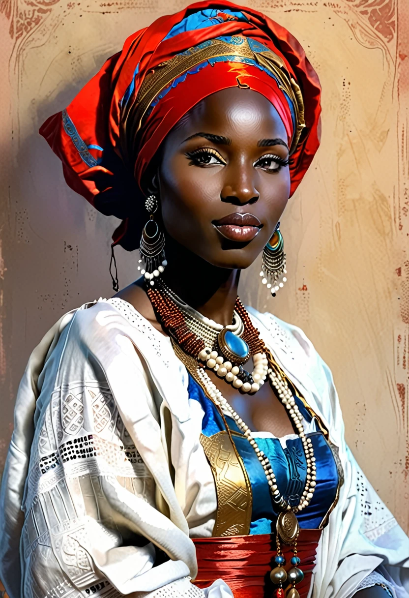 Senegalese Woman in traditional clothes, perfect face,
in the style of Harrison Fisher and Brian Froud and Jeremy Mann, vibrant colors, gloss, surreal, thick brush strokes, layered textures, magical