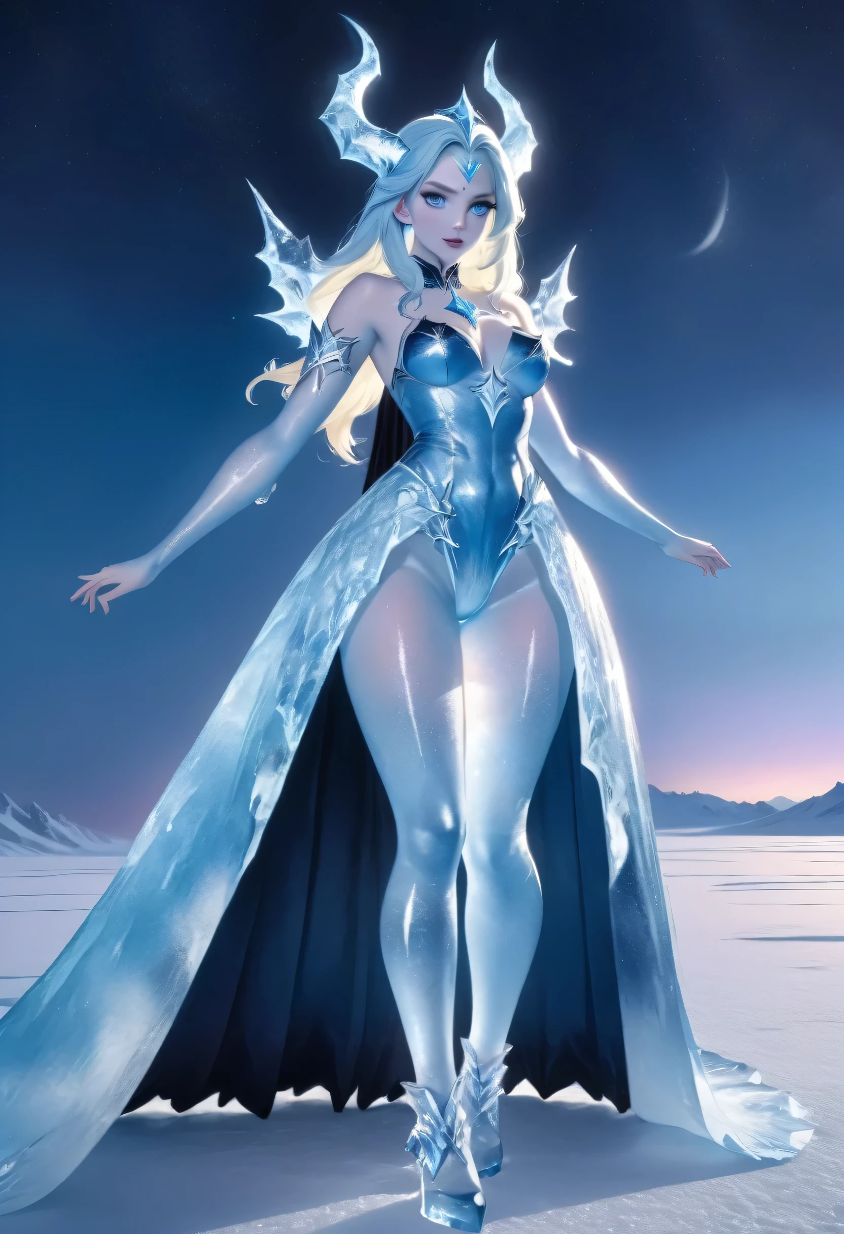 (8k, highest quality, masterpiece: 1.2), (realistic, realistic: 1.37), Super detailed, ((an ice female sexy demon:1))、Standing in the frozen snow field、Witch wearing pale armor, ((sexy costume:1)), SEXY female devil, ((aurora in the night sky)),  ((pale blue skin:1))