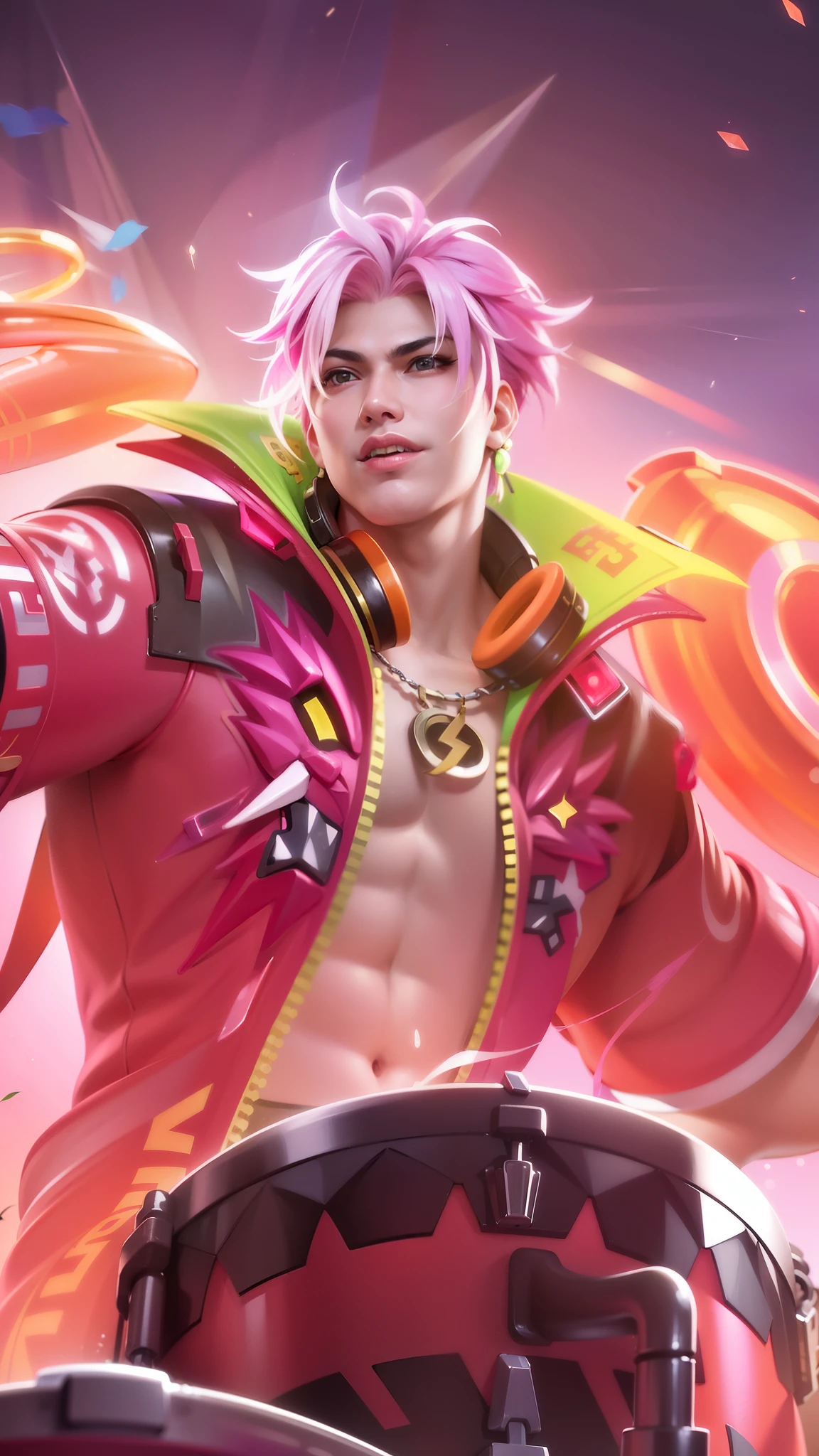 Best quality, masterpiece, detailed skin texture, detailed clothes texture, detailed face, super detail, 8k, intricate detail, masculine man, a man with a pink jacket and a drum in his hand, mobile legends, extremely detailed artgerm, sakimichan frank franzzeta, ig model | artgerm, inspired by fredrinn, fredrinn from mobile legends, rossdraws cartoon vibrant, pink hair, headphone