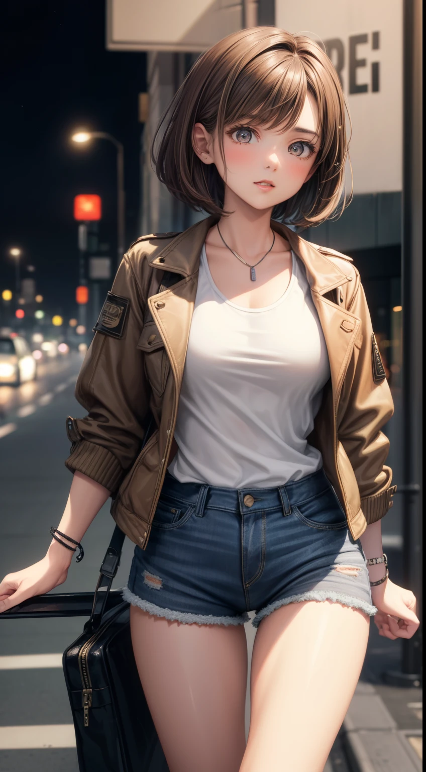 (masterpiece,highest quality,Super detailed),1 girl,brown hair, brown hair with a white line,short hair,medium breasts,denim shorts, Jacket, Rock Punk Fashion,(gray theme),(pastel color theme),in the city,night