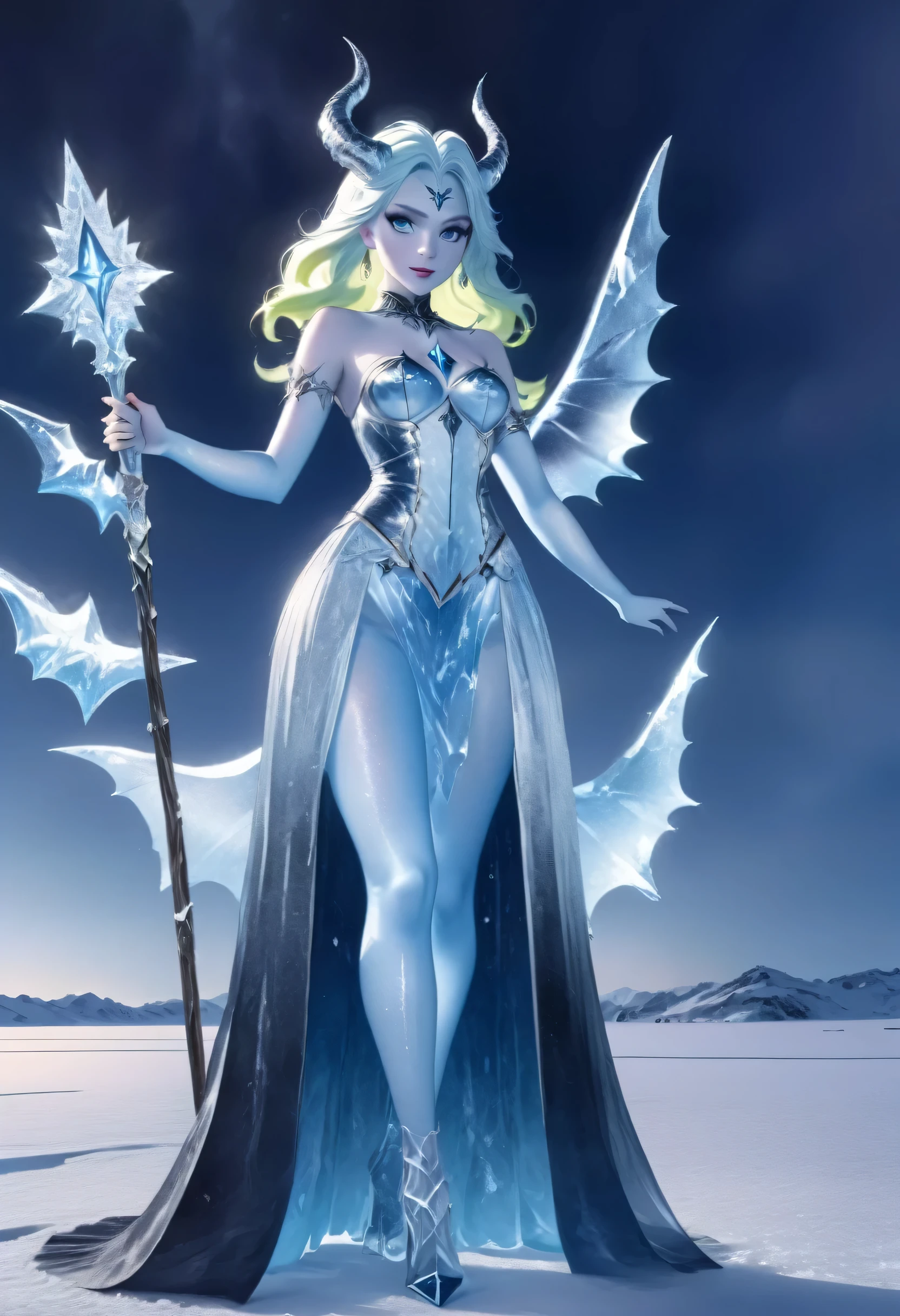 (8k, highest quality, masterpiece: 1.2), (realistic, realistic: 1.37), Super detailed, ((an ice female sexy demon:1))、Standing in the frozen snow field、Witch wearing pale armor, ((sexy costume:1)), SEXY female devil, ((aurora in the night sky)),  ((pale blue skin:1))