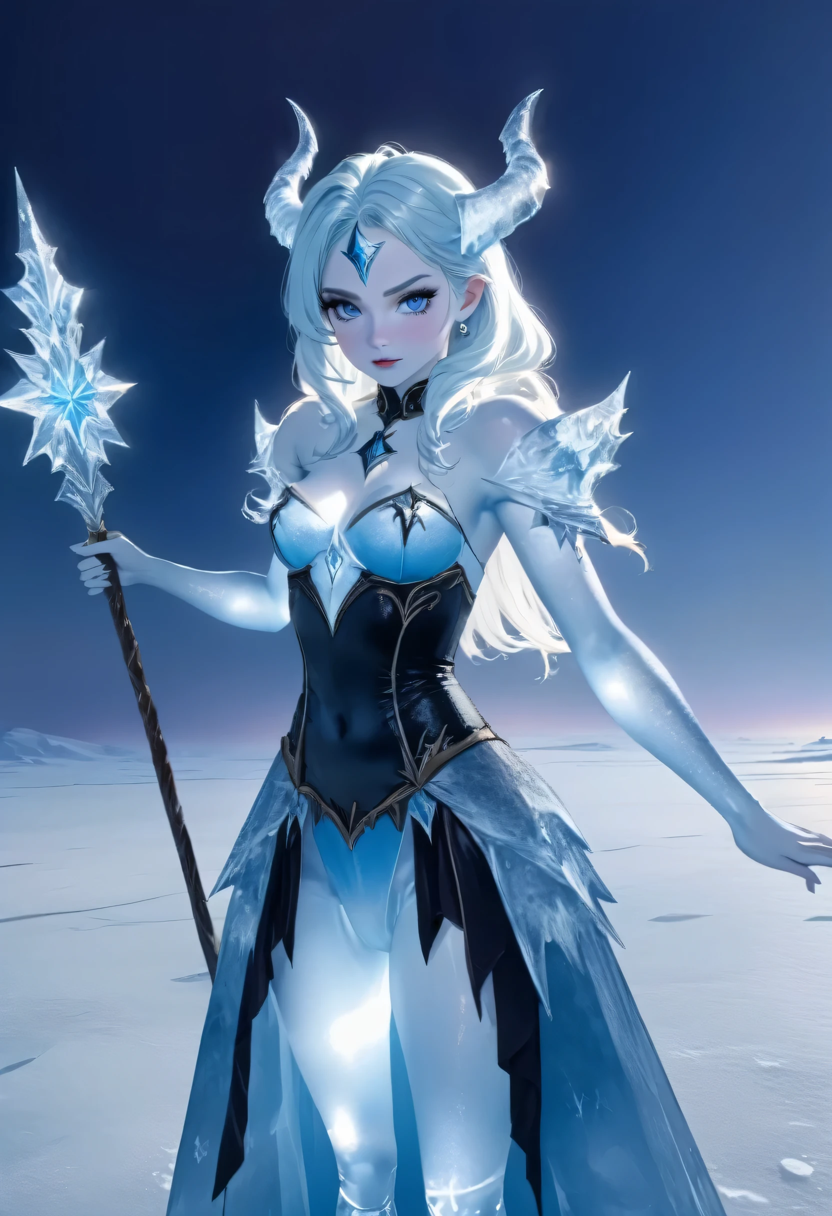 (8k, highest quality, masterpiece: 1.2), (realistic, realistic: 1.37), Super detailed, ((an ice female sexy demon:1))、Standing in the frozen snow field、Witch wearing pale armor, ((sexy costume:1)), SEXY female devil, ((aurora in the night sky)), ((pale blue skin:1))