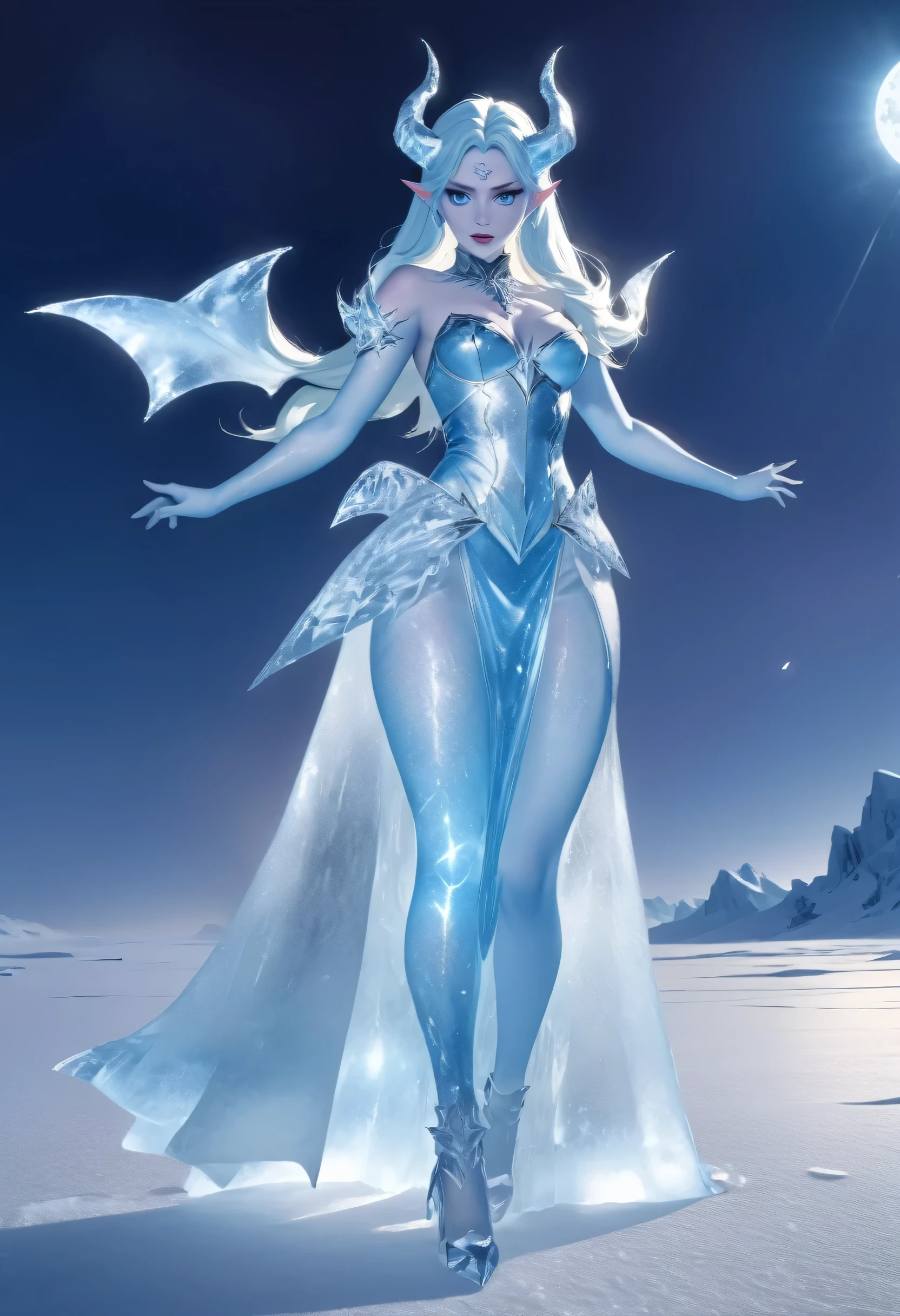 (8k, highest quality, masterpiece: 1.2), (realistic, realistic: 1.37), Super detailed, ((an ice female sexy demon:1))、Standing in the frozen snow field、Witch wearing pale armor, ((sexy costume:1)), SEXY female devil, ((aurora in the night sky)), ((pale blue skin:1))