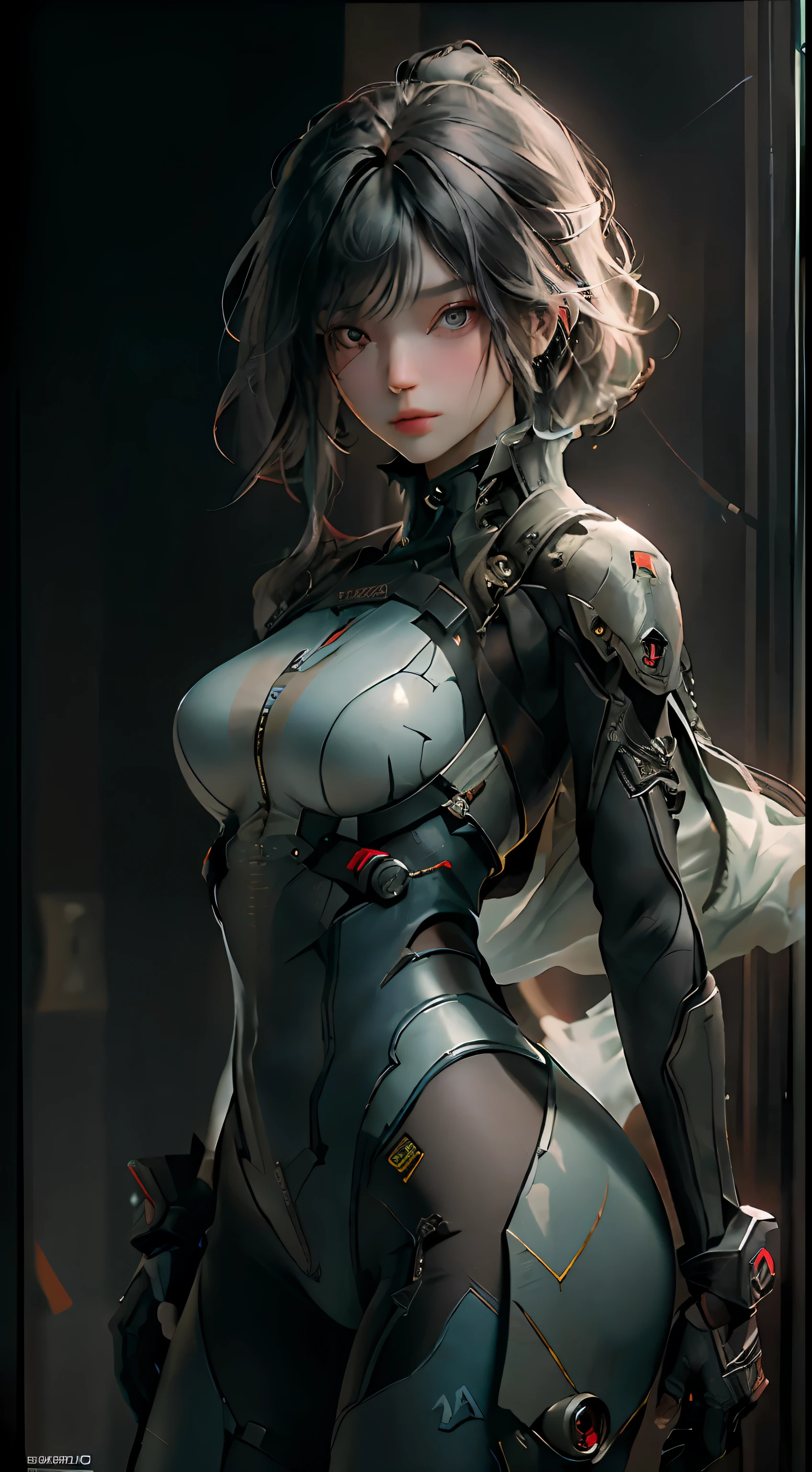 best quality，masterpiece，Detailed description：1.9，3d，Beautiful cyberpunk female figure，high density image，high dynamic range，Ray tracing，NVIDIA RTX，Super resolution，Unreal 5，subsurface scattering、PBR texture、Post-processing、Anisotropic filtration、depth of field、Maximum clarity and sharpness、multi-layer texture、Albedo and highlight maps、surface coloring、Accurately simulate the interaction of light with materials、perfect proportions、tights、perfect anatomy、Render by Octane、dichroic light、Large aperture、Low ISO、white balance、rule of thirds、8K raw data、Realistic lighting，cold light，Mecha，Rich in details，bottom-up perspective，Depict the chest contour in detail，Rich in details，Giuffre、depth of field