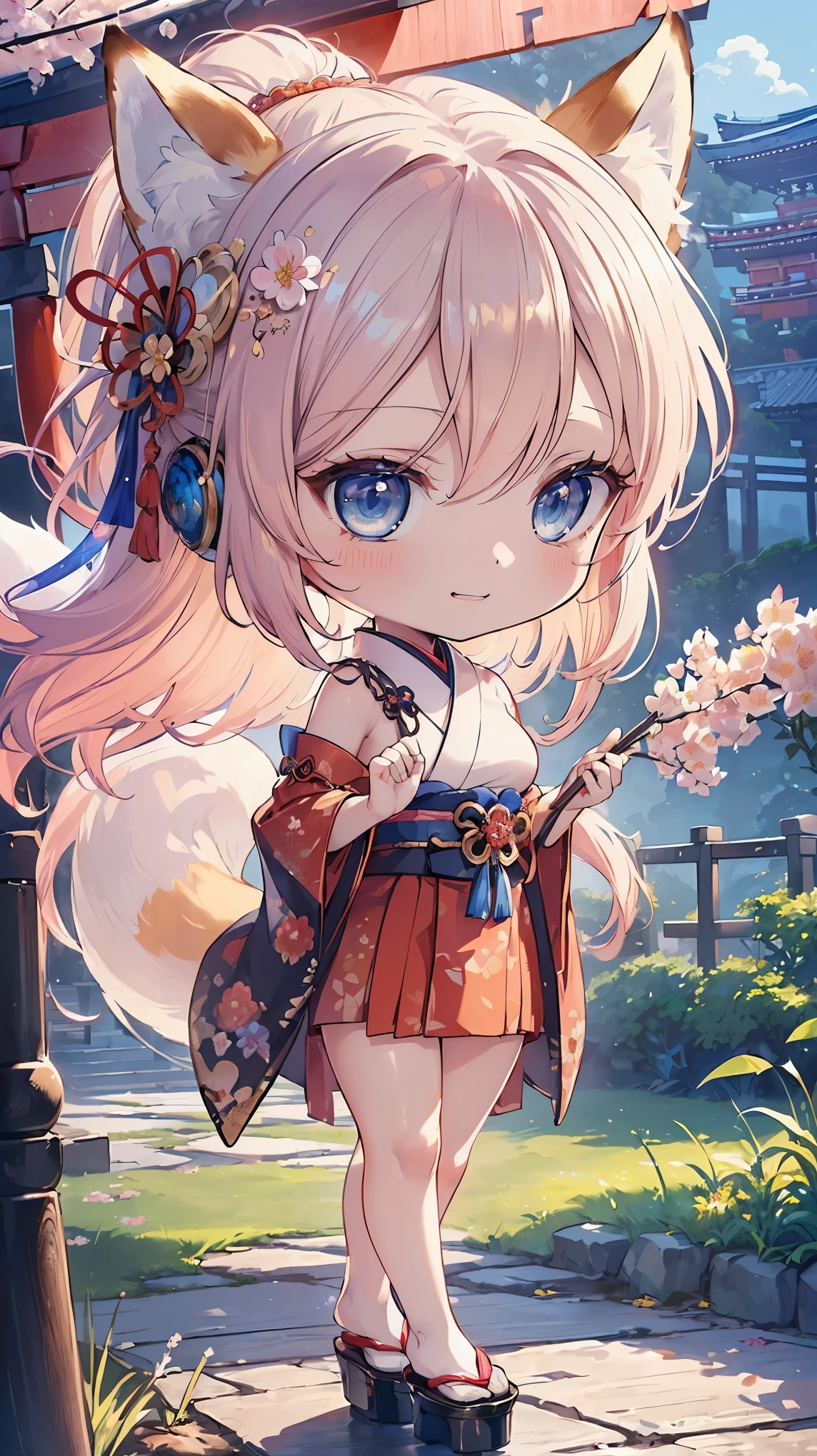 (((Masterpiece))), (((Highest quality))), ((Ultra-detailed)), ((Super fine illustration)), ((Ultra-fine painting)), (16K highest quality wallpaper:1.4), (Chibi:2.0), (Full body:1.6), HDR, (Highly detailed and delicate illustration style:1.8), Detailed skin texture, Detailed cloth texture, Extreme detailed description, (T-masterpiece), (Highly detailed face:1.2), (Highly detailed fox ears:1.2), (Highly detailed shiny golden brown half updo:1.2), (Highly detailed clear blue eyes:1.2), Original, RAW photo, Professional, Intricate details, Super details, Direct light:1.6, (Perfect anatomy:1.4), (Highly detailed hands:1.2), (Highly detailed fingers:1.2), (Highly detailed fingertips:1.2), (24-years-old), Real, (Solo:1.8), ((A very beautiful and attractive fox fashion model with blue eyes wearing a bright red furisode with a floral pattern:1.4)) BRAKE (Beautiful and adorable fox ears:1.6), (Highly detailed and delicate fox ears:1.4), (Beautiful and well-shaped big breasts:1.2), (Beautiful and well-shaped buttocks), (Beautiful and shiny golden brown half updo:1.4), (Highly detailed and delicate golden brown half updo:1.2), (Beautiful clear blue eyes that shine with great detail:1.6), (Highly detailed and delicate blue eyes:1.2), (Highly detailed face:1.4), (Smile:1.5), (Blush:1.4), (Looking at viewer:1.4), (Celebration:1.4) BRAKE (Bright red furisode with floral pattern:1.4), (Japanese traditional costume:1.2) BRAKE (Concept art:1.2), (Detailed fantasy art:1.2) BRAKE (Highly detailed and delicate Ise Grand Shrine in Mie Prefecture in the background just after noon in spring:1.6), (Celebration:1.4), Ise Grand Shrine:1.4, Torii gate of Ise Shrine:1.4, cherry blossoms:1.2, Very beautiful in the sunny sky background just after noon:1.4 BRAKE