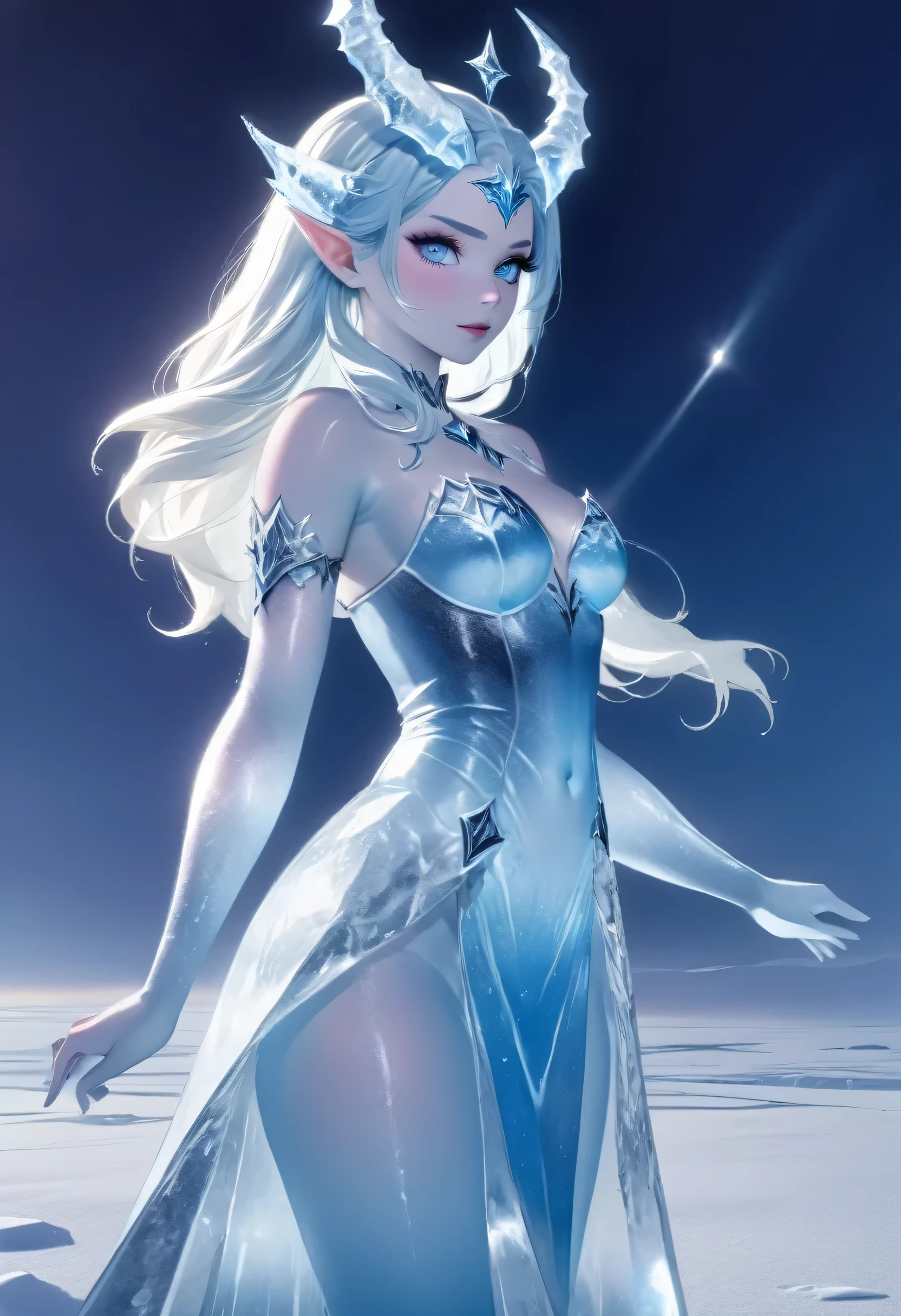 (8k, highest quality, masterpiece: 1.2), (realistic, realistic: 1.37), Super detailed, ((an ice female sexy demon:1))、Standing in the frozen snow field、Witch wearing pale armor, ((sexy costume:1)), SEXY female devil, ((aurora in the night sky)),  ((pale blue skin:1))