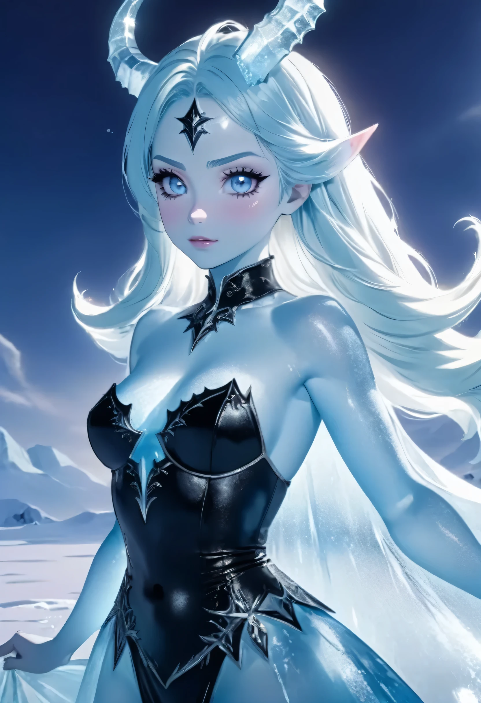 (8k, highest quality, masterpiece: 1.2), (realistic, realistic: 1.37), Super detailed, ((an ice female sexy demon:1))、Standing in the frozen snow field、Witch wearing pale armor, ((sexy costume:1)), SEXY female devil, ((aurora in the night sky)), ((pale blue skin:1))