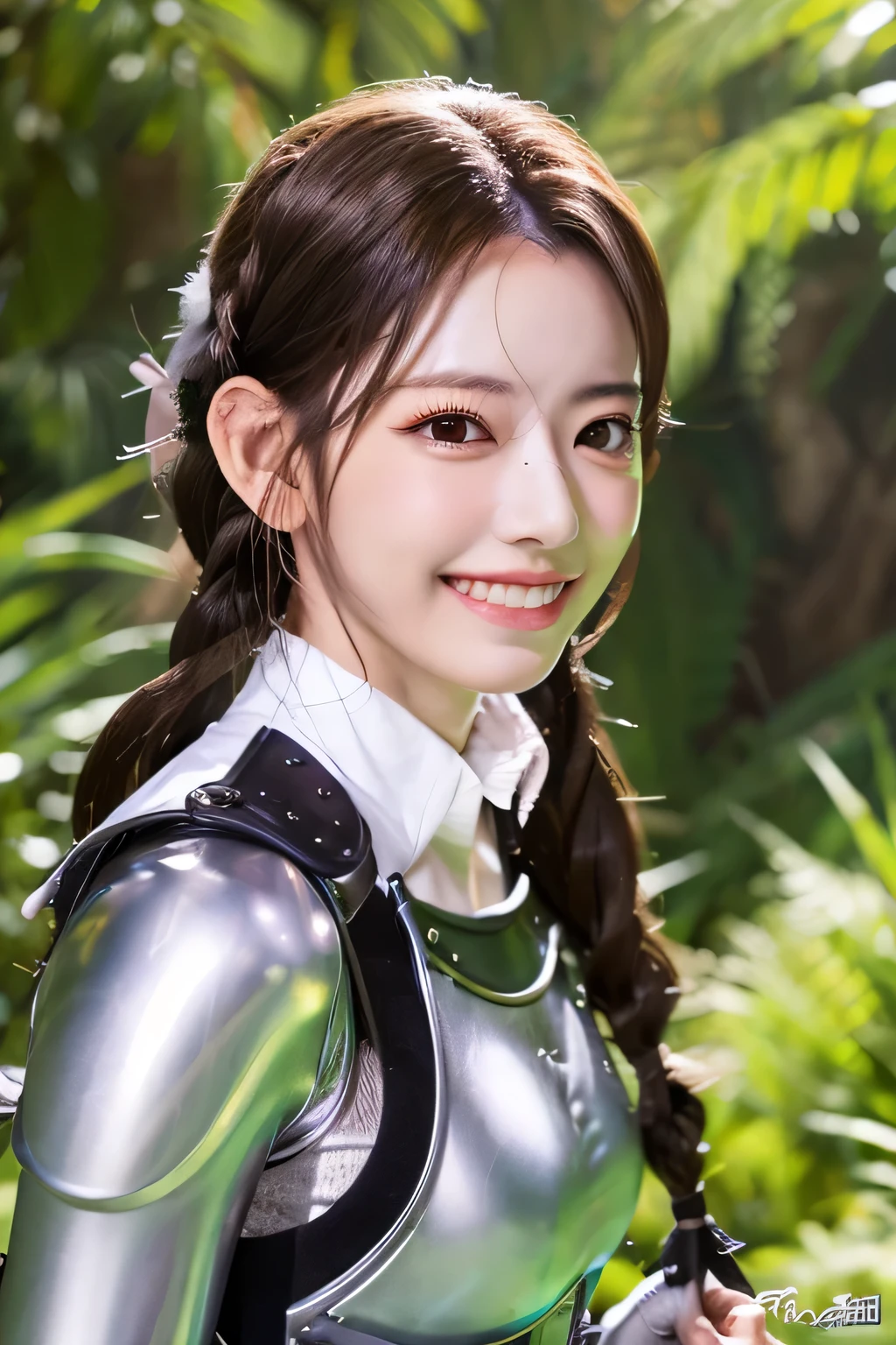 highest resolution, 4k, masterpiece: 1.3), japanese mature, women pictures, sexy, fine eyes, slender body shape, realistic teeth, double eyelid, full body, highest quality, become familiar with, equipped with armor, in a fantasy world, The background is a castle、black hair、smile、beautiful teeth、two female knights、heavy equipment、luxurious silver armor、Hairstyle braid、full body photo