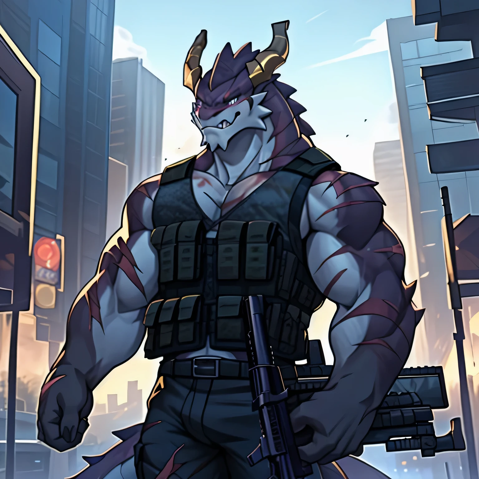 (black dragon),black fur, two colors, Scars on the face, With sunglasses on his head,Necklace hanging around the neck,(muscular body:1.3), There is a scar on the face, Handsome, OK,(Scars on the face), on the street,(Express),(city background),(with scars on face:1.2),look at screen,(dragon horn),(Dragon tail),perfect masterpiece,(16K),casual clothes,alone,((Strong)),,(with rifle in hands),(dick:1.2),Perfect proportion,front,hands crossed,sweat,(with rifle in hands:1.5),(gun in hand:1.3),(fierce expression:1.2),(Vision:1.5),(with rifle in hands:1.8),Strong,muscle,with dragon wings,more details,CG,(dragon), torso,((gun in hand)), (Bulletproof vest)),serious expression